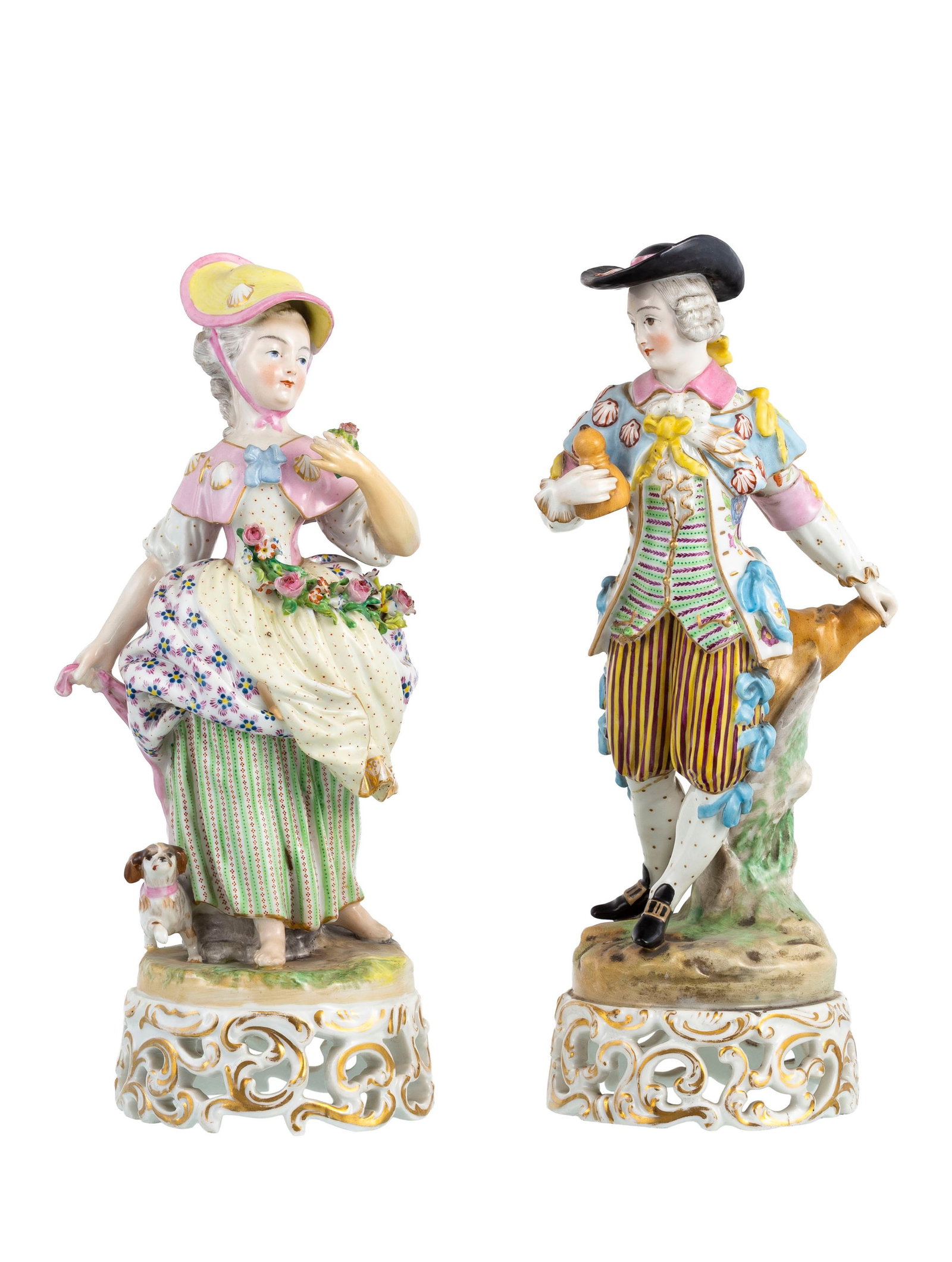 Jacob Petit. Ensemble de 2 figures de gentilhomme et élégante en porcelaine, Paris, XIXe s: Jacob Petit. Ensemble de 2 figures de gentilhomme et élégante en porcelaine, Paris, XIXe s., h. 32 et 32,5 cm Condition restauration à 1 bras de l'élégante Provenance