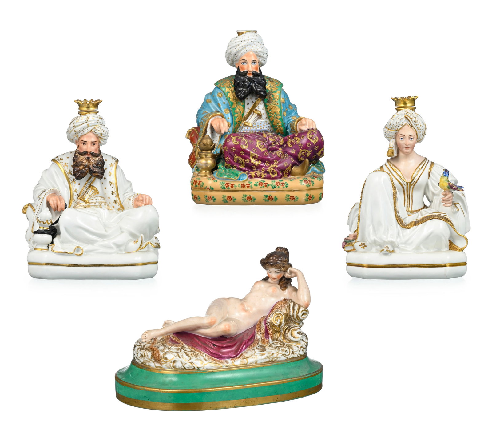 Jacob Petit. Ensemble de 3 flacons figurant 2 sultans, 1 sultane et 1 odalisque en porcelaine é: Jacob Petit. Ensemble de 3 flacons figurant 2 sultans, 1 sultane et 1 odalisque en porcelaine émaillée, Paris, XIXe s., rehauts or, h. de 14 à 18,5 cm Condition manque 1 couvercle