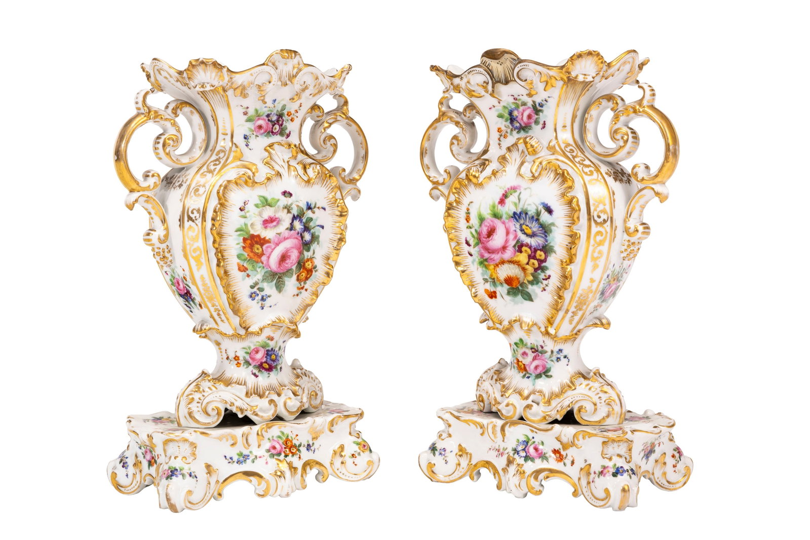 Jacob Petit. Paire de vases et présentoirs en porcelaine, Paris, XIXe s., à décor pol - 4