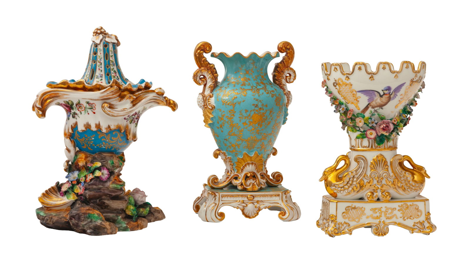 Jacob Petit. Ensemble de 2 vases et 1 pot pourri coquille en porcelaine, Paris, XIXe s., à rich - 3