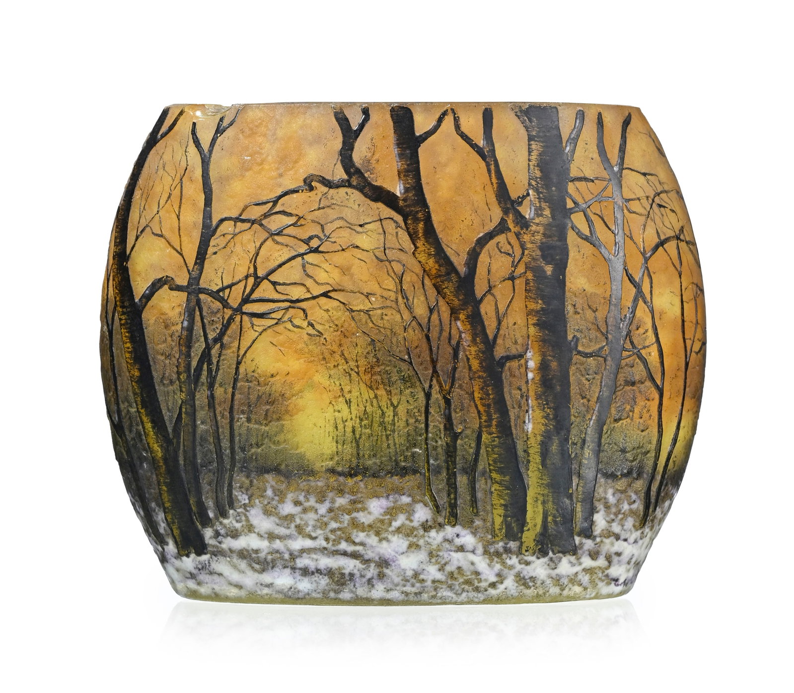 Daum Nancy. Vase ovale cylindrique en verre givré multicouche, à décor dégag - 2