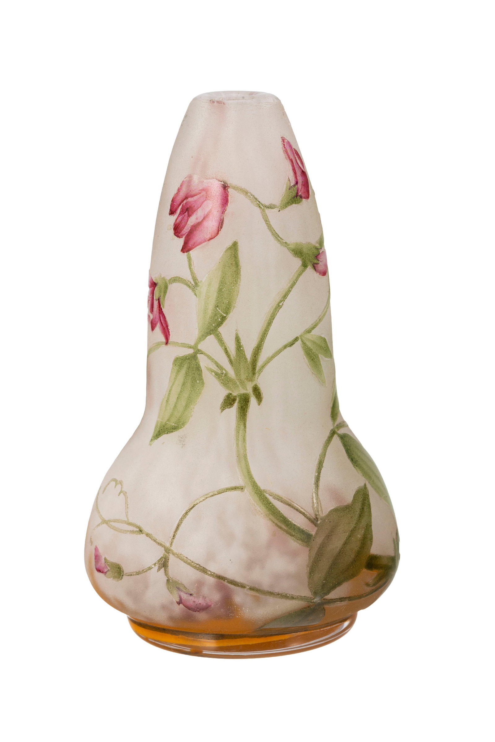 Daum Nancy. Vase soliflore en verre multicouche, à décor gravé à l'acide et : Daum Nancy. Vase soliflore en verre multicouche, à décor gravé à l'acide et émaillée de fleurs roses et vertes sur blanc nuancé orange, h. 9,5 cm