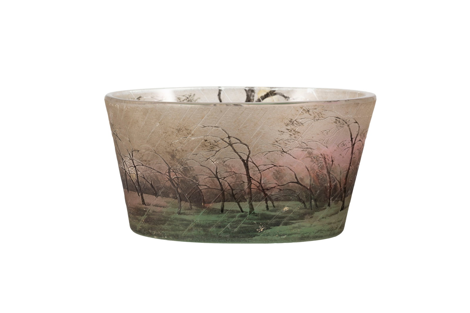Daum Nancy. Vase en verre givré blanc, rose et vert, à décor de paysage sous la pluie - 2