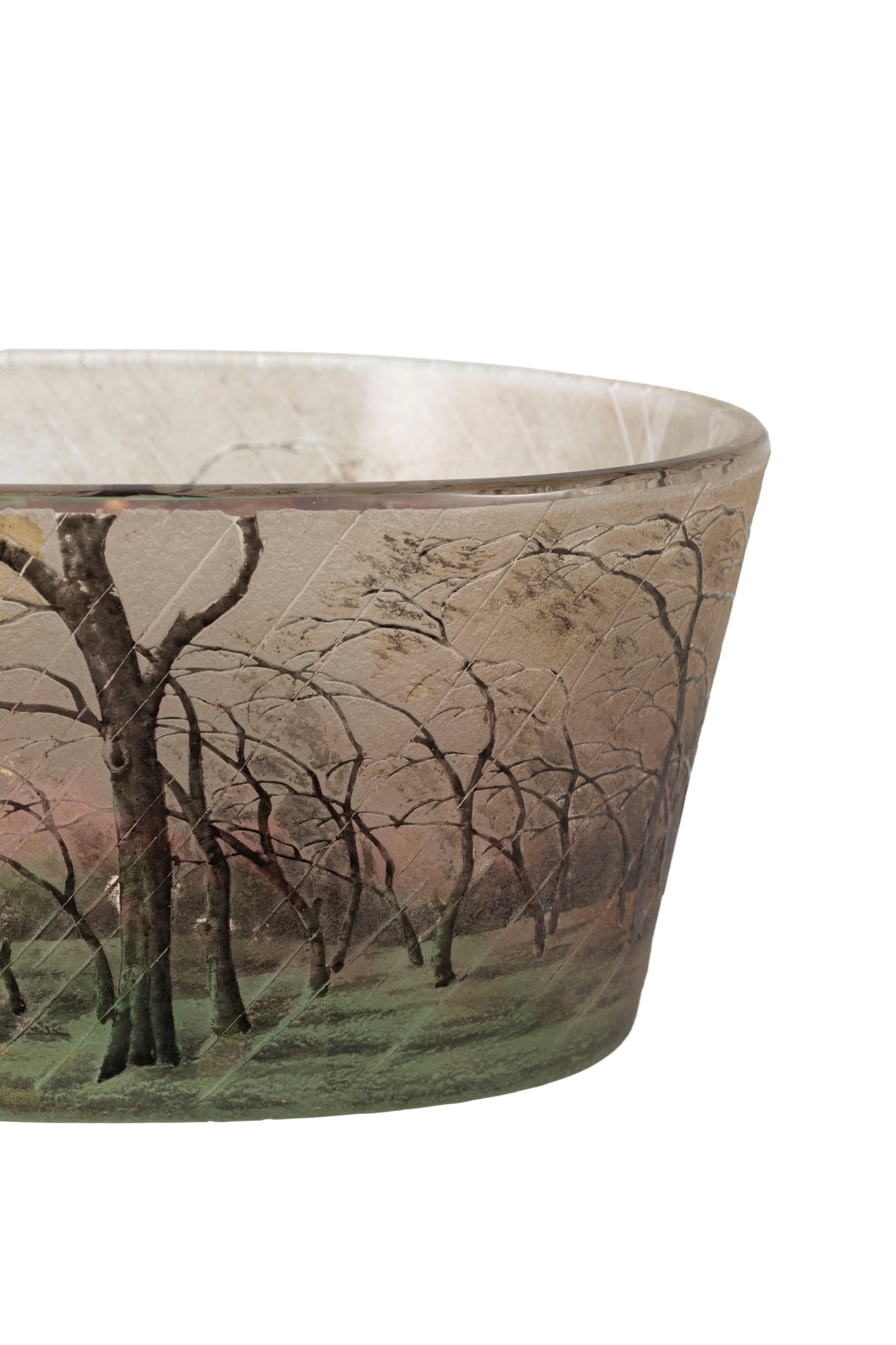 Daum Nancy. Vase en verre givré blanc, rose et vert, à décor de paysage sous la pluie - 3