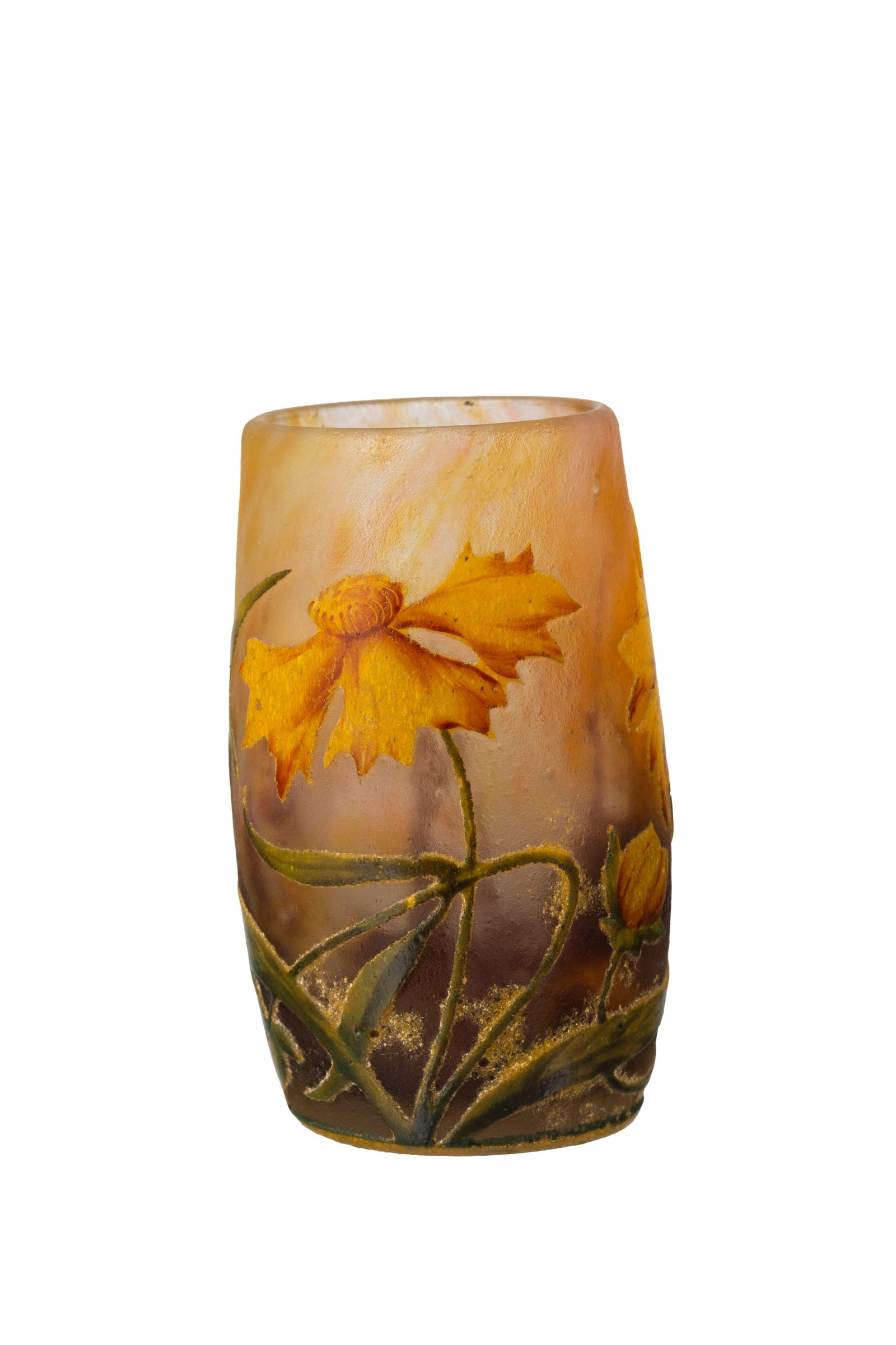 Daum Nancy. Petit vase ovoïde en verre multicouche, à décor gravé à l'acide: Daum Nancy. Petit vase ovoïde en verre multicouche, à décor gravé à l'acide et émaillé de fleurs oranges et vertes sur fond blanc nuancé brun, h. 8,5 cm