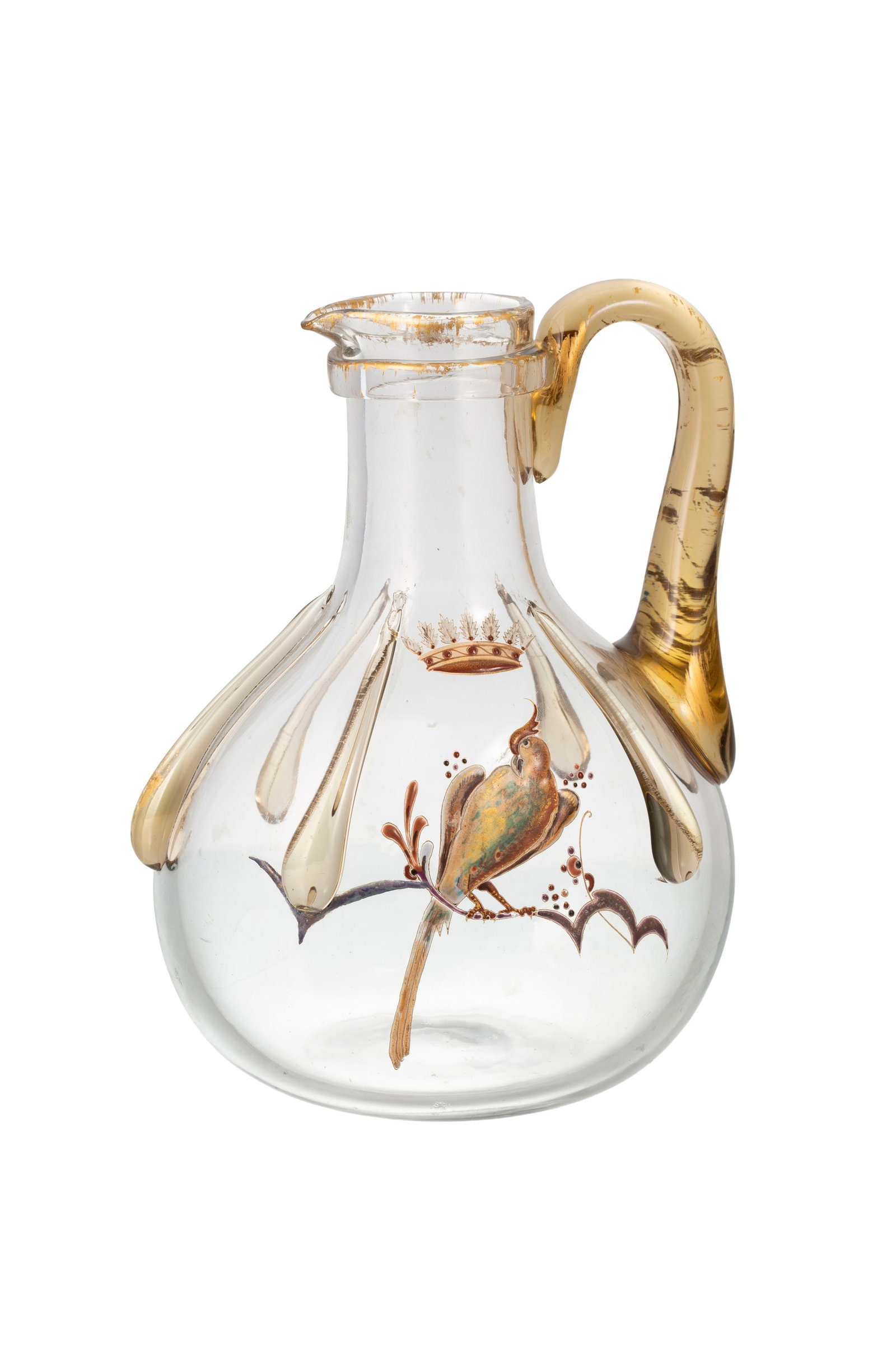 Gallé. Pichet en verre émaillé, à décor d'oiseau sur une branche sous une c: Gallé. Pichet en verre émaillé, à décor d'oiseau sur une branche sous une couronne comtale, rehauts or, signé "E G déposé Emille Gallé à Nancy" sous