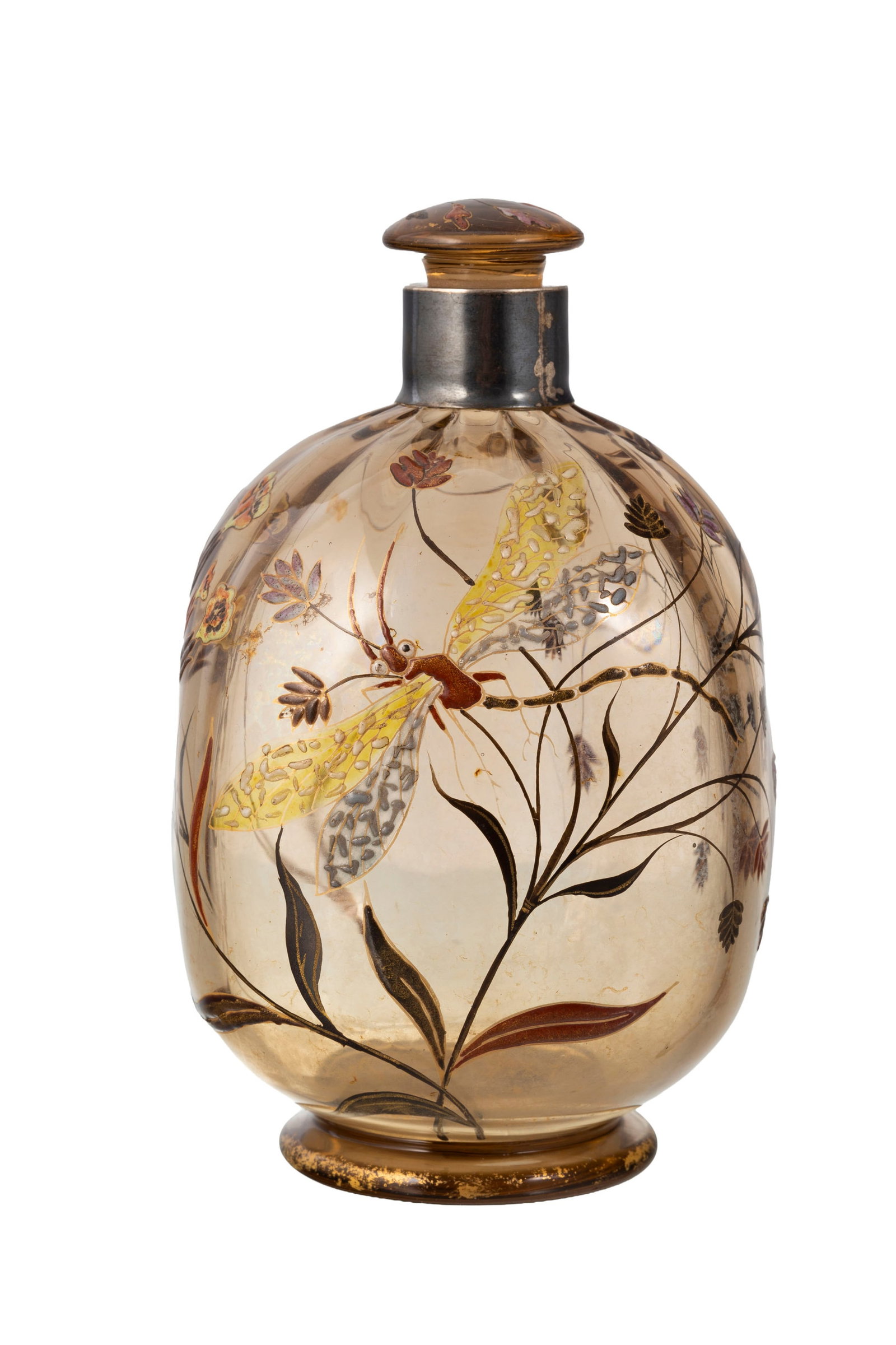 Gallé. Flacon en verre, à décor émaillé de libellule et fleurs, rehauts or,: Gallé. Flacon en verre, à décor émaillé de libellule et fleurs, rehauts or, signé "Emile Gallé à Nancy" sous la base, h. 14,5 cm Condition micro-éclats au