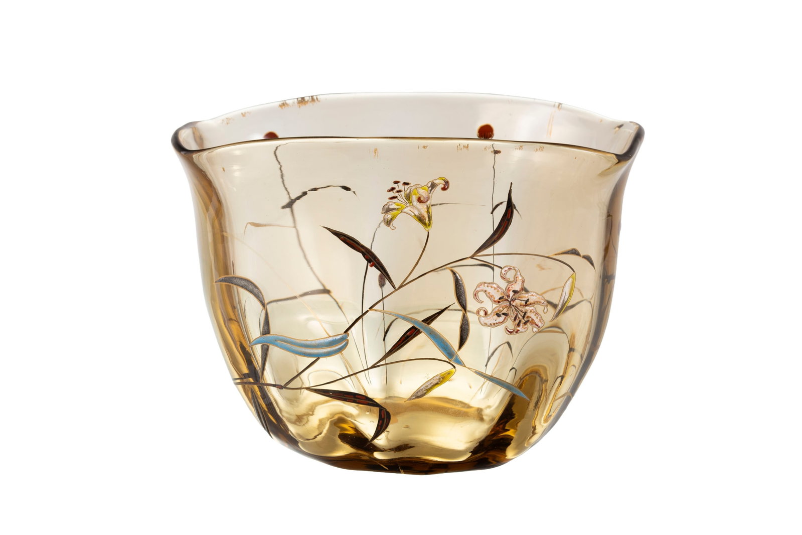 Gallé. Vase à col ourlé en verre fumé, à décor émaillé de ly: Gallé. Vase à col ourlé en verre fumé, à décor émaillé de lys et feuilles, signé à la pointe E. Gallé Nancy sous la base, h. 13,5 cm