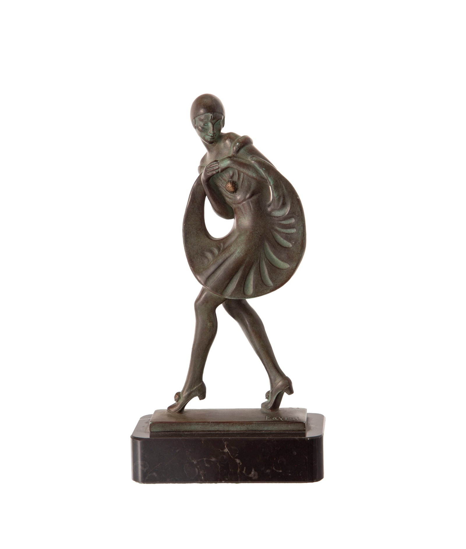 Fayral. Statuette féminine en régule à patine verte, signée, socle en marbre, ca: Fayral. Statuette féminine en régule à patine verte, signée**,** socle en marbre, cachet Le Verrier Paris, h. 21,5 cm