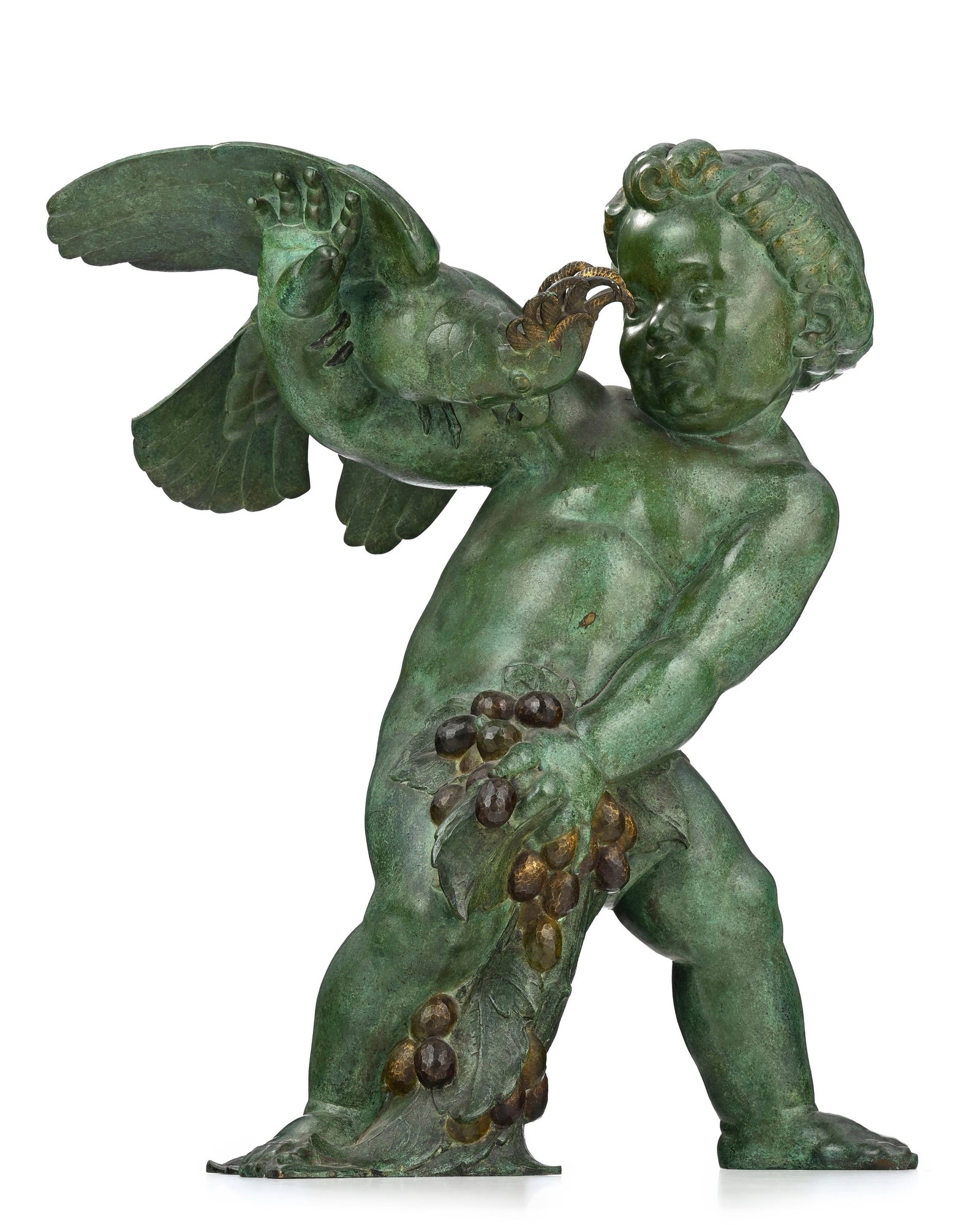 Richard Guino (1890-1973), Enfant au perroquet, bronze à patine verte, signée "GVINO" avec: Richard Guino (1890-1973), Enfant au perroquet, bronze à patine verte, signée "GVINO" avec médaillon illisible à côté (fondeur) et inscription "modèle" sur la
