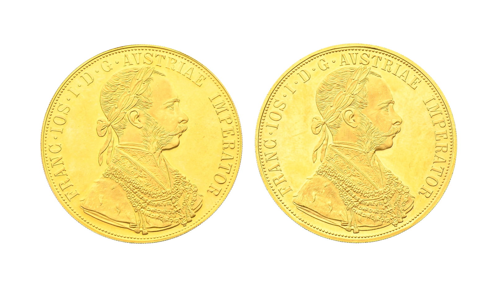 Autriche, François Joseph Ier (1848-1916), 2 pièces de 4 ducats en or .986, 1915 (probable: Autriche, François Joseph Ier (1848-1916), 2 pièces de 4 ducats en or .986, 1915 (probables frappes postérieures), tranches diam. 4 cm, 13,95 et 13,94 g.