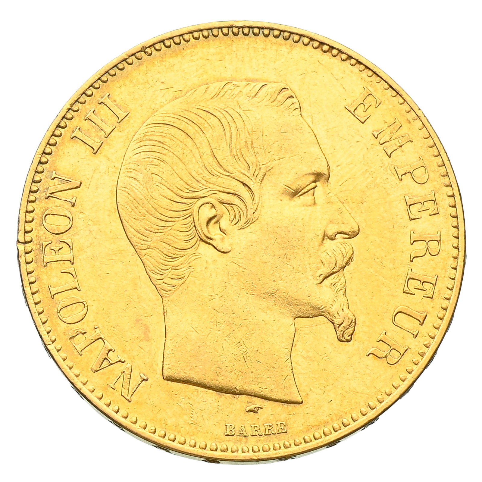 France, Second Empire, 100 francs or Napoléon III "tête nue", 1856 A (Paris), tranche insc: France, Second Empire, 100 francs or Napoléon III "tête nue", 1856 A (Paris), tranche inscrite en relief, diam. 3,5 cm, 32,2 g. Condition Etat de conservation : TTB++ Veuillez vous