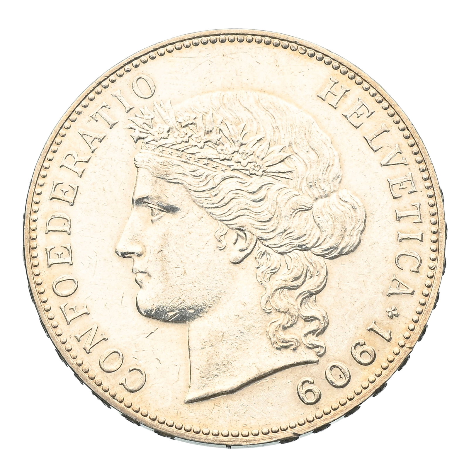 Confédération helvétique, 5 francs 1909 en argent, tranche inscrite en relief, diam. : Confédération helvétique, 5 francs 1909 en argent, tranche inscrite en relief, diam. 3,7 cm, 25 g. Condition Etat de conservation : Très Très Beau +++ Veuillez vous