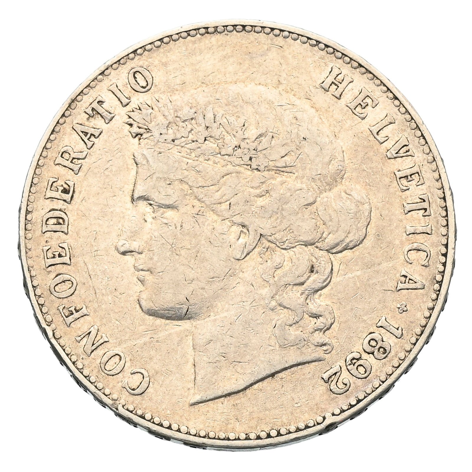 Confédération helvétique, 5 francs "Helvetia" 1892, en argent, tranche inscrite en re: Confédération helvétique, 5 francs "Helvetia" 1892, en argent, tranche inscrite en relief, diam. 3,7 cm, 24,8 g. Condition Etat de conservation : TTB Veuillez vous référe