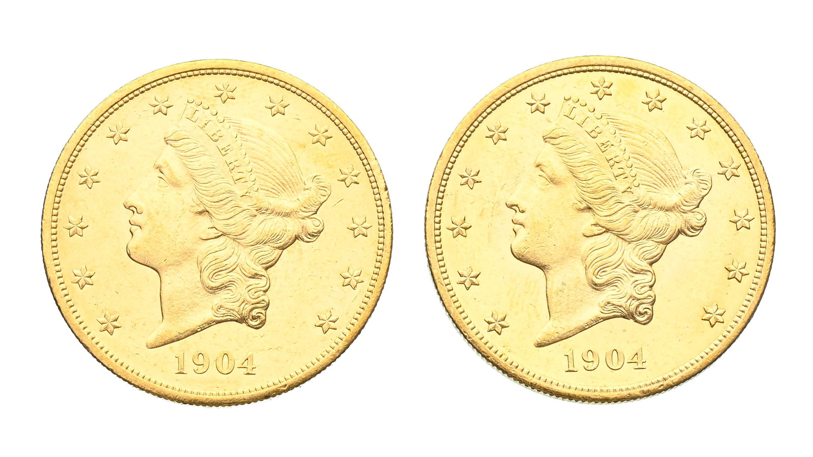 USA, 2 pièces de 20 dollars "Liberty Head" en or, 1904, Philadelphie, avec devise, tranches str: USA, 2 pièces de 20 dollars "Liberty Head" en or, 1904, Philadelphie, avec devise, tranches striées, diam. 3,4 cm, 33,4 g. (chacune) Condition Etat de conservation : SUP +++ et SPL