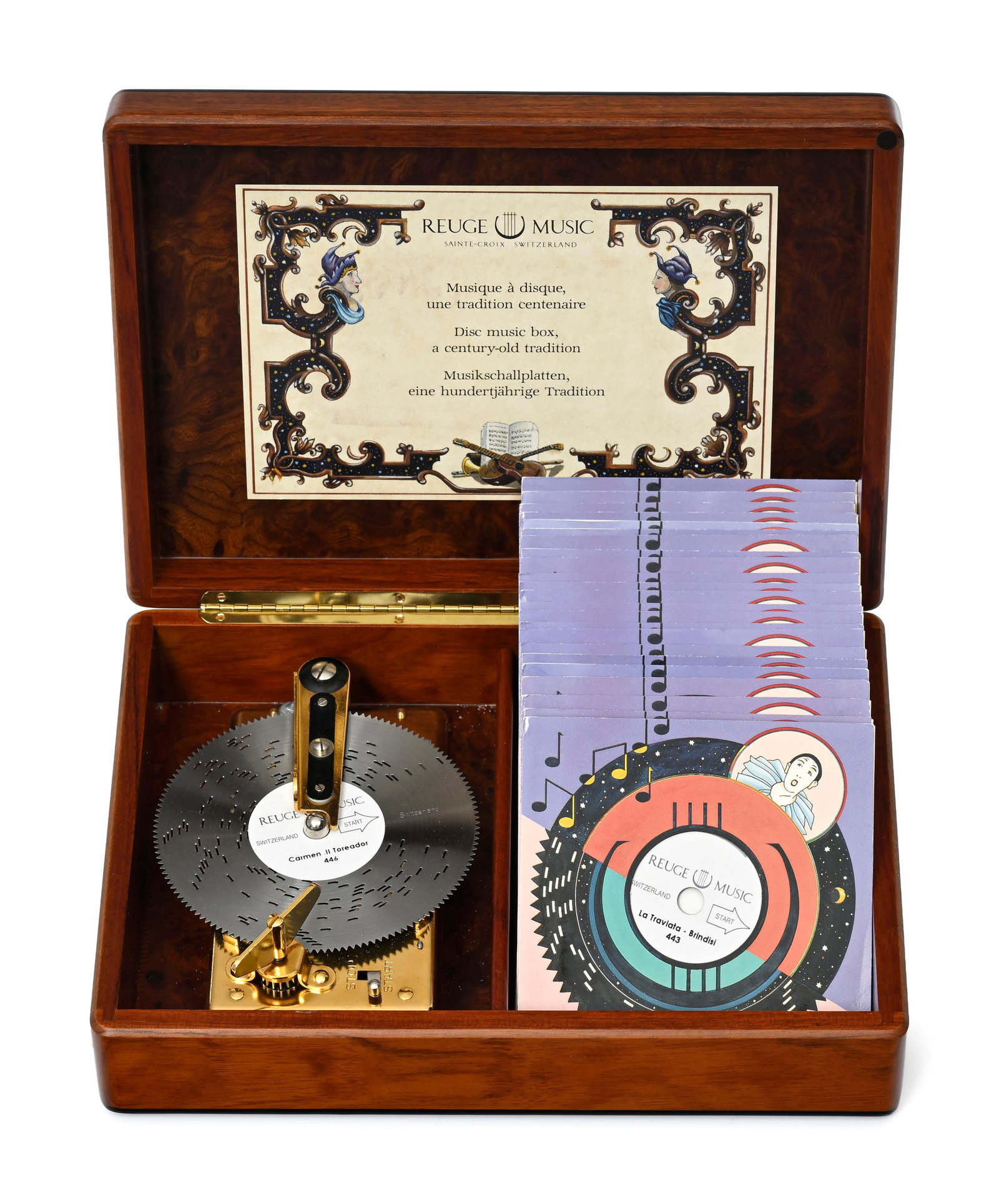 Reuge, boîte à musique à disques, en placage de loupe, avec 26 disques perforés, - 2