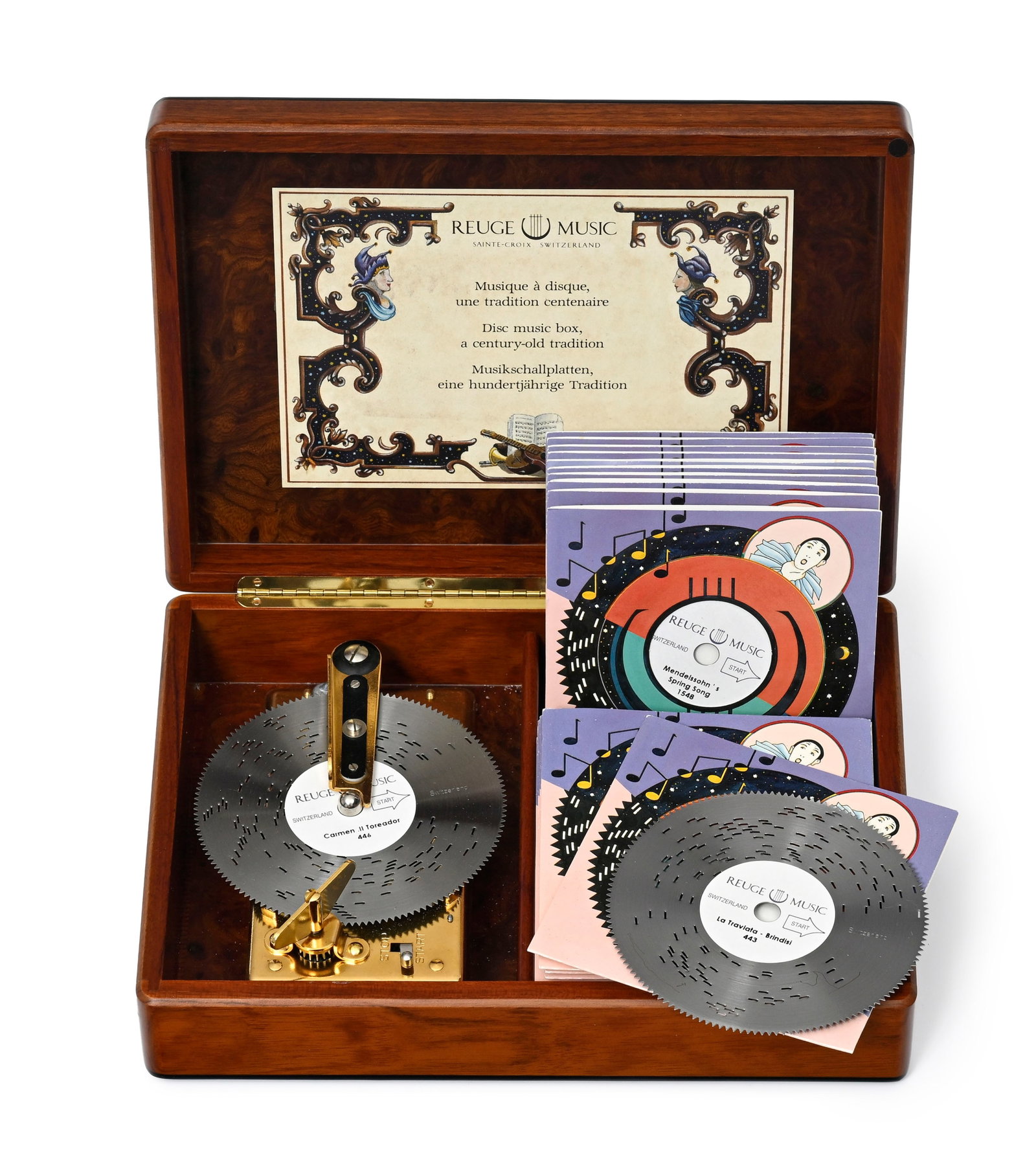 Reuge, boîte à musique à disques, en placage de loupe, avec 26 disques perforés, - 3