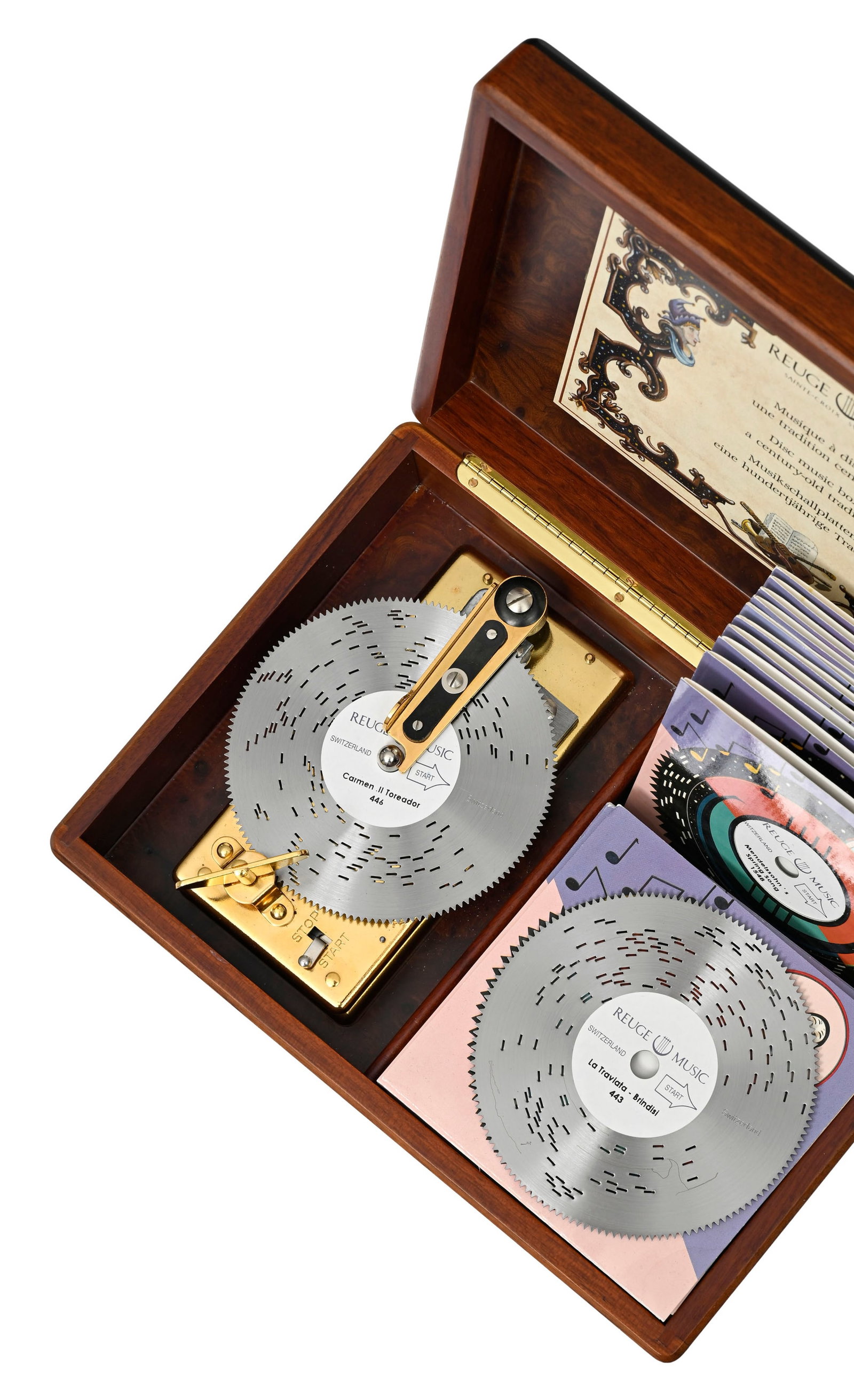 Reuge, boîte à musique à disques, en placage de loupe, avec 26 disques perforés, - 4