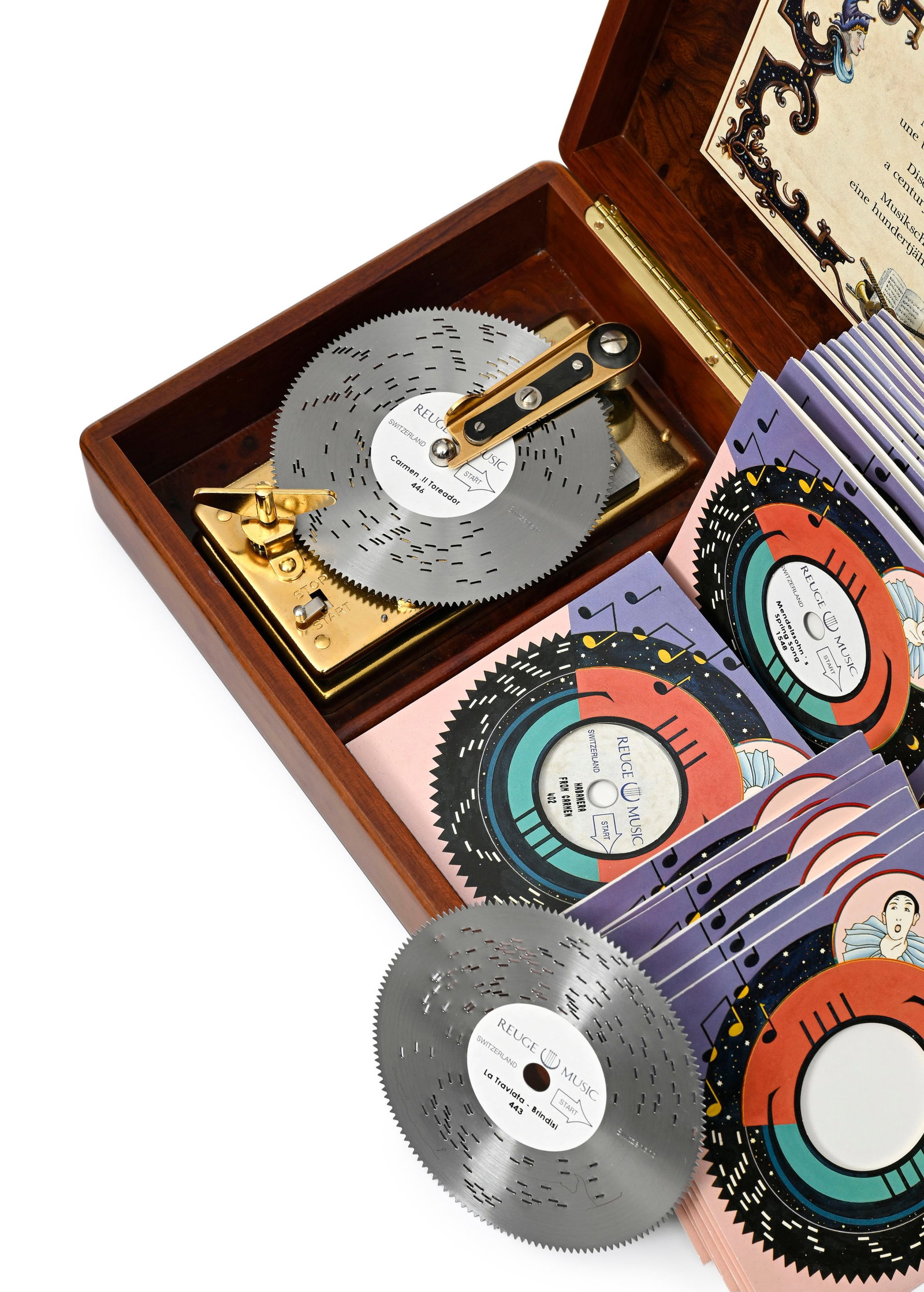 Reuge, boîte à musique à disques, en placage de loupe, avec 26 disques perforés, - 5