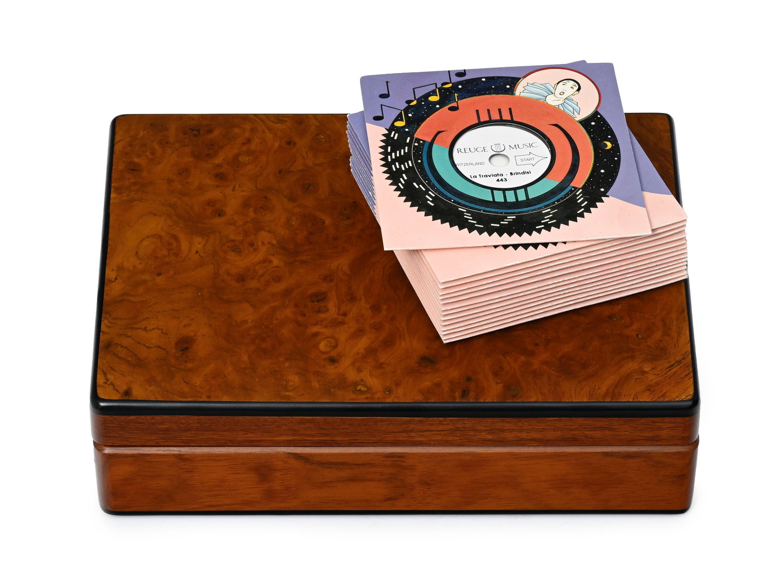 Reuge, boîte à musique à disques, en placage de loupe, avec 26 disques perforés, - 6