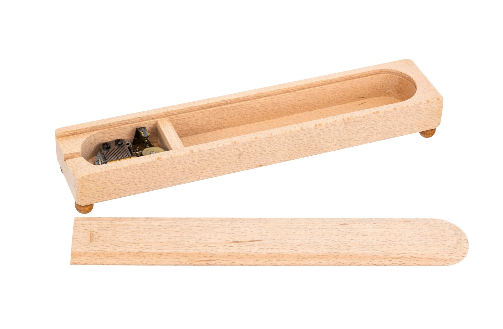 Reuge, plumier musical en bois, glissière qui déclenche l'air (Tarara Boom De Ay), avec sa: Reuge, plumier musical en bois, glissière qui déclenche l'air (Tarara Boom De Ay), avec sa boîte en carton d'origine, long. 29,2 cm