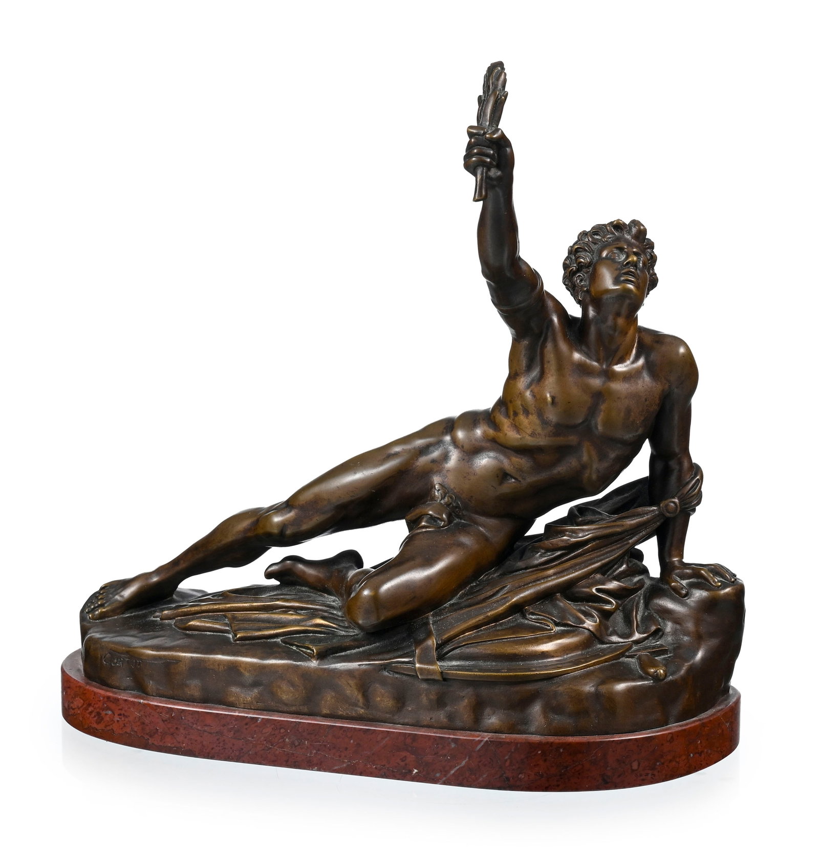 Jean-Pierre Cortot (1787-1843), Le soldat de Marathon, bronze à patine médaille, fonte pos: Jean-Pierre Cortot (1787-1843), Le soldat de Marathon, bronze à patine médaille, fonte posthume du XIXe s., signé, marque de fondeur F.BARBEDIENNE . Fondeur, sur socle en marbre rouge,