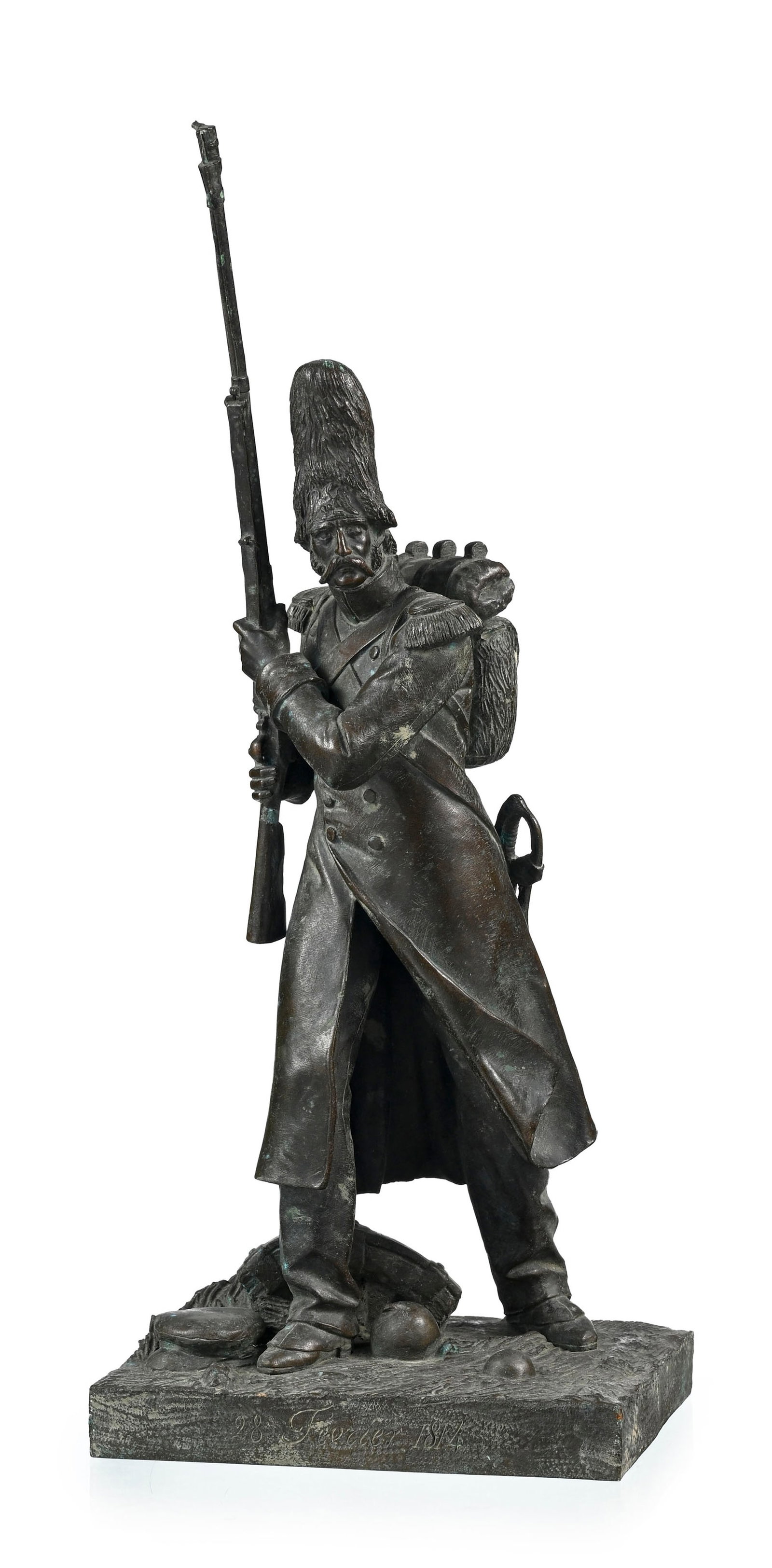 Théodore Gechter (1796-1844), Soldat de la Grande Armée - 28 Février 1814, bronze : Théodore Gechter (1796-1844), Soldat de la Grande Armée - 28 Février 1814, bronze à patine brune, signé et daté sur le socle Gechter 1839, h. 44 cm Condition Taches