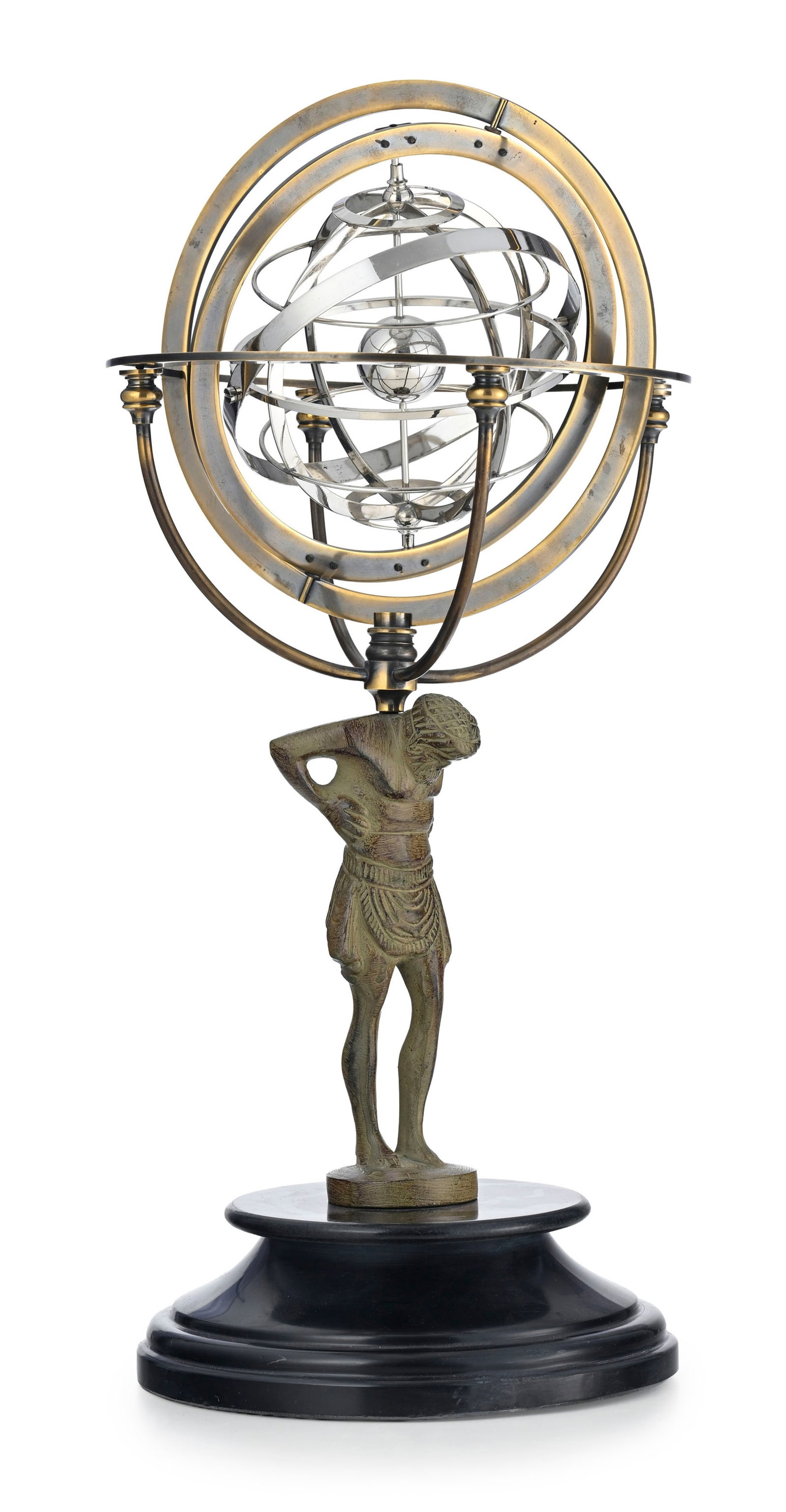 Sphère armillaire décorative montée sur un Atlas en bronze, XXe s., socle en pierre n: Sphère armillaire décorative montée sur un Atlas en bronze, XXe s., socle en pierre noire, h. 56 cm