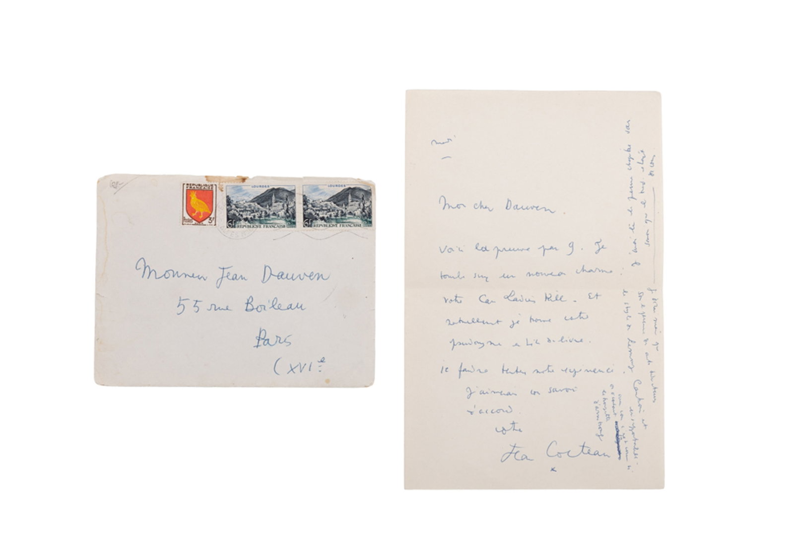 COCTEAU (Jean). Lettre autographe au stylo bille signée « Jean Cocteau » adressé: COCTEAU (Jean). Lettre autographe au stylo bille signée « Jean Cocteau » adressée à Jean Dauven avec son enveloppe. s.l., s.d. 1 pp. in-12, enveloppe timbrée.