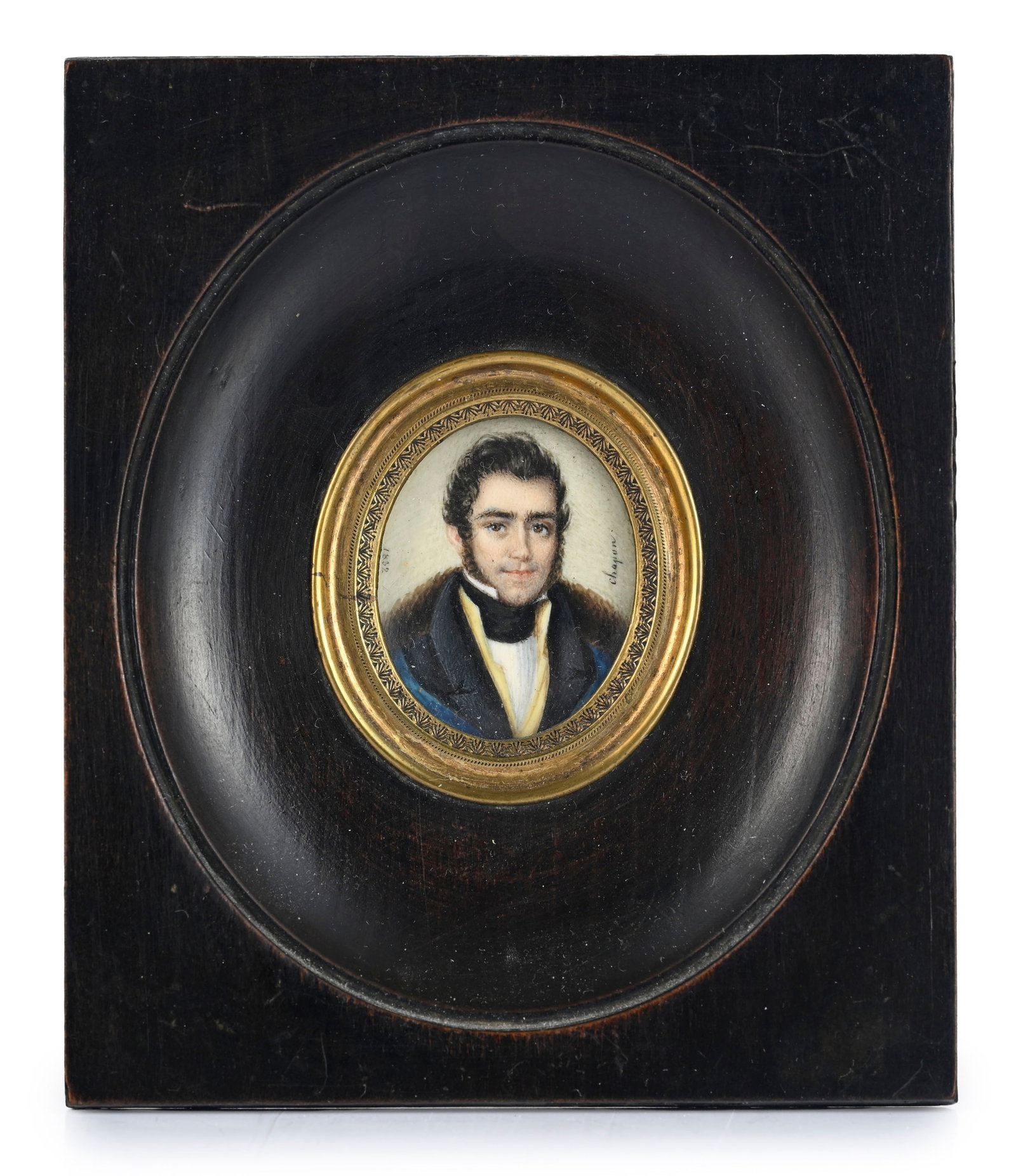 3 portraits en miniature: Gentilhommes en redingote et une dame au collier en corail, gouache et aqu - 4
