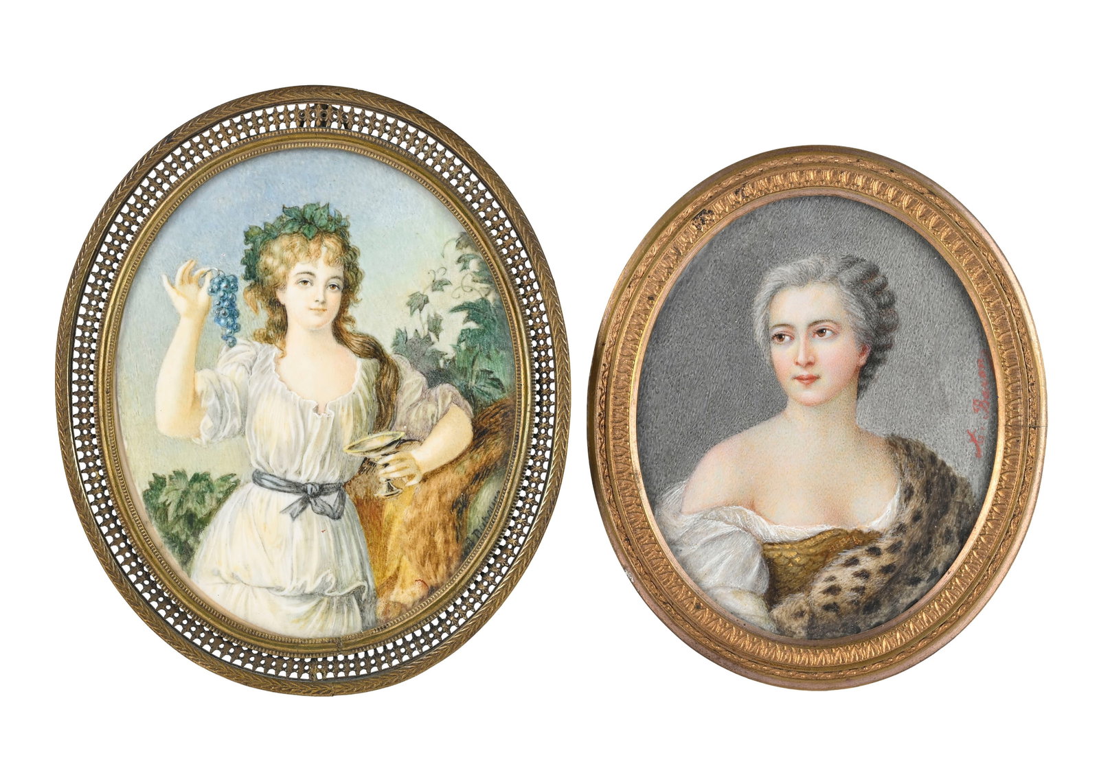 Vendangeuse au dégustation et Dame au châle léopard, deux portraits en miniatures sur: Vendangeuse au dégustation et Dame au châle léopard, deux portraits en miniatures sur ivoire, XIXe s., 8,5x7 et 8,5x7,5 cm Provenance : Famille Schlote, Göttingen, Basse-Saxe ;