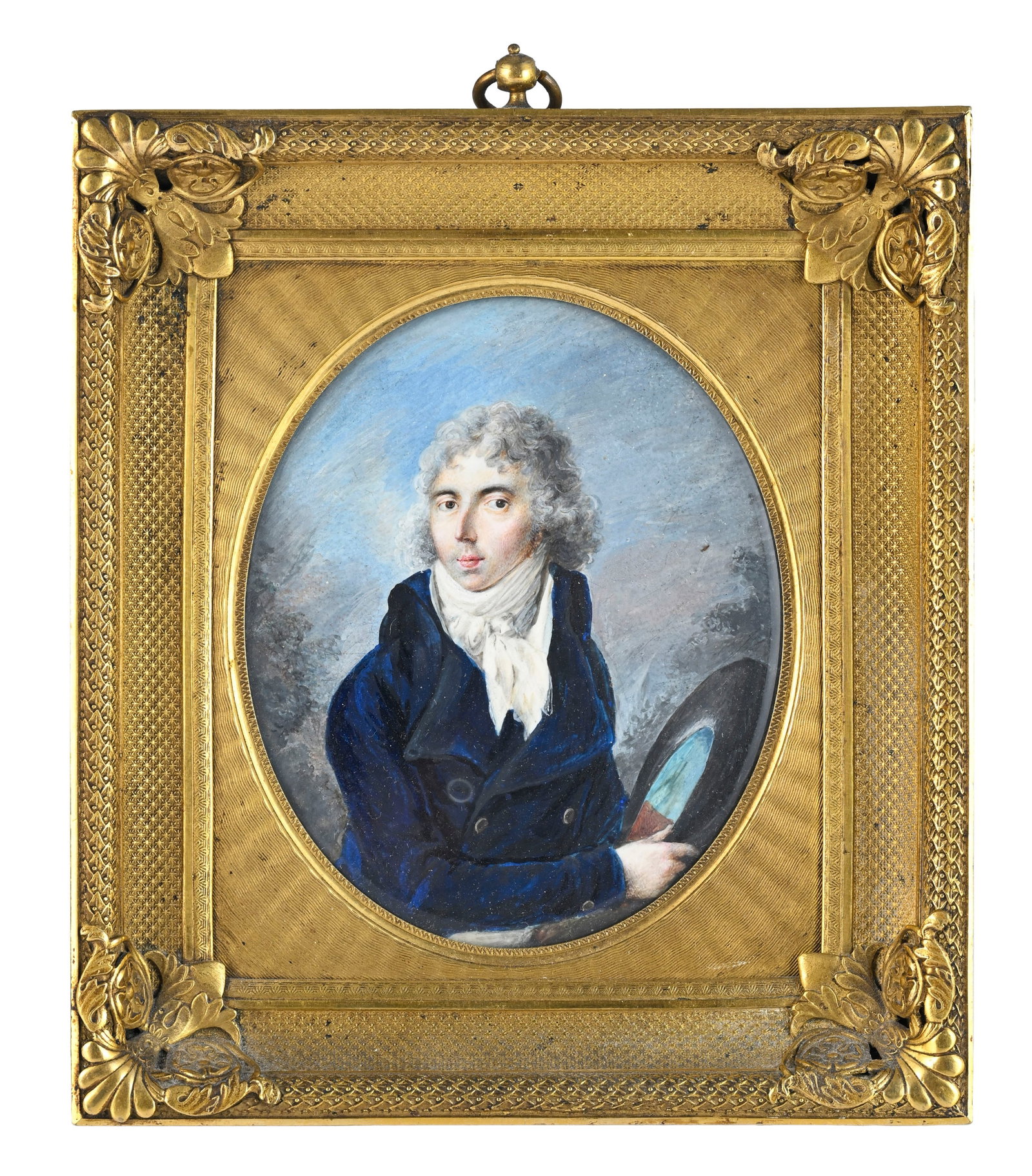 Gentilhomme en redingote en velours, portrait en miniature, XIXe s., gouache et aquarelle sur ivoire: Gentilhomme en redingote en velours, portrait en miniature, XIXe s., gouache et aquarelle sur ivoire, de forme ovale dans un important cadre rectangulaire en bronze doré, 9,8x8 cm Provenance : Fa