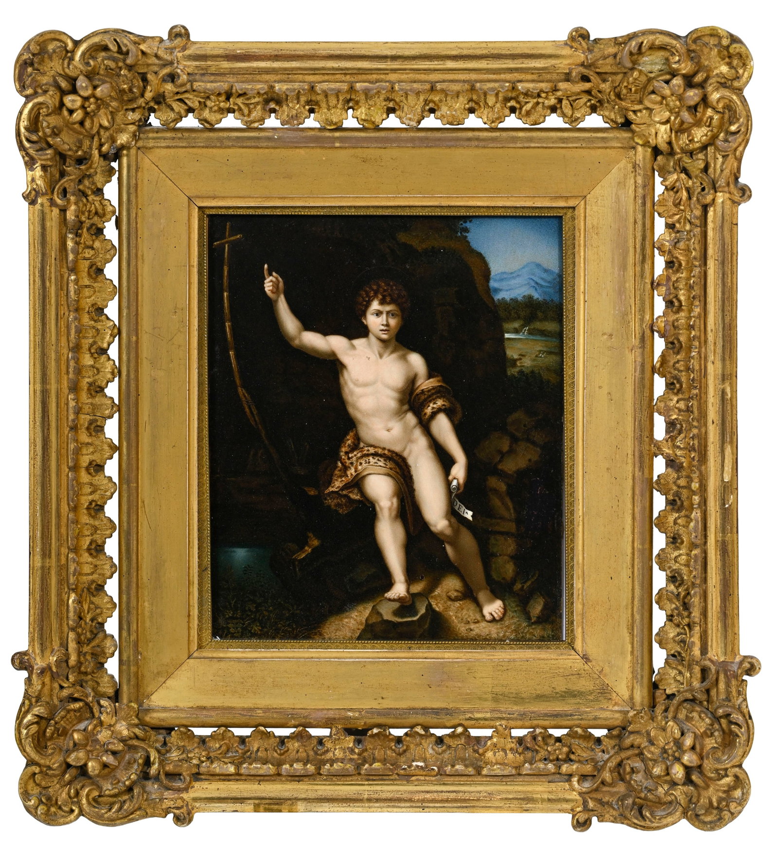 Saint Jean-Baptiste dans le désert, d’après Raphaël Sanzio, vers 1518, miniatur: Saint Jean-Baptiste dans le désert, d’après Raphaël Sanzio, vers 1518, miniature peinte sur ivoire, copie du XIXe siècle d’après la version conservée aux Uffi