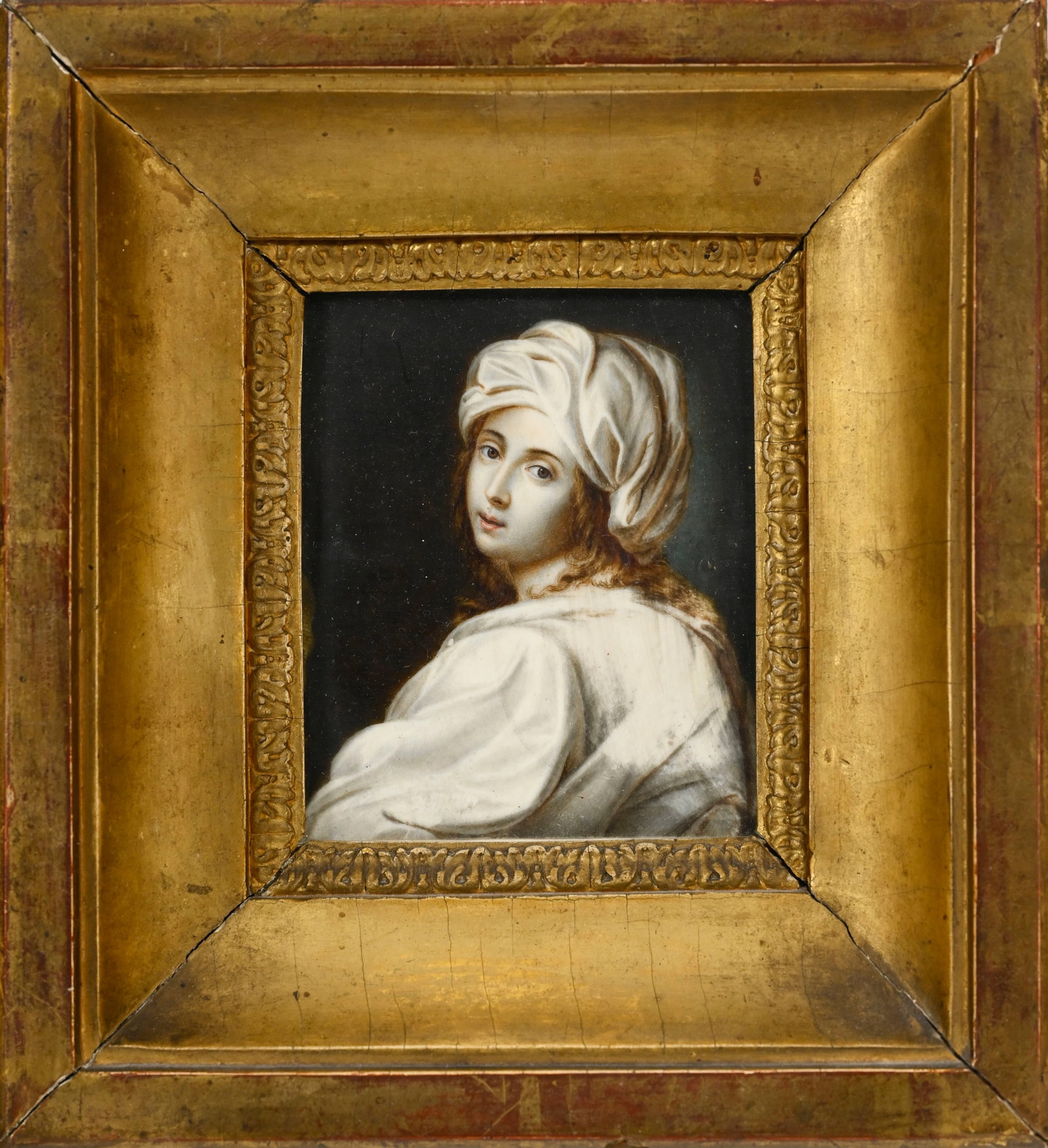 Béatrice Cenci, d’après Guido Reni, vers 1600, copie en miniature sur ivoire, XIXe s: Béatrice Cenci, d’après Guido Reni, vers 1600, copie en miniature sur ivoire, XIXe siècle, représentant la jeune femme en buste, coiffée d’un turban blanc et se