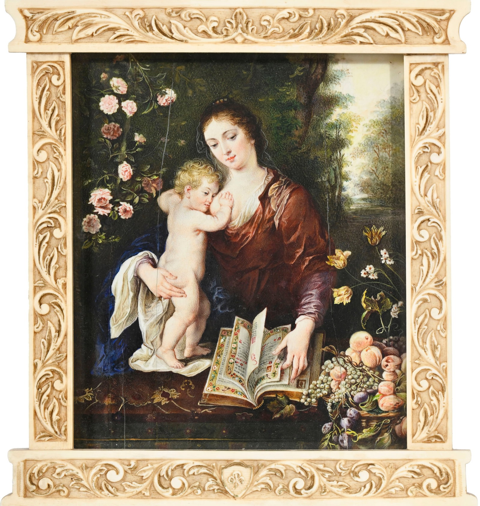 Vierge à l’Enfant, d’après Peter Paul Rubens, vers 1625, copie en miniature pe: Vierge à l’Enfant, d’après Peter Paul Rubens, vers 1625, copie en miniature peinte sur ivoire, XIXe siècle, représentant la Vierge et l’Enfant auprès