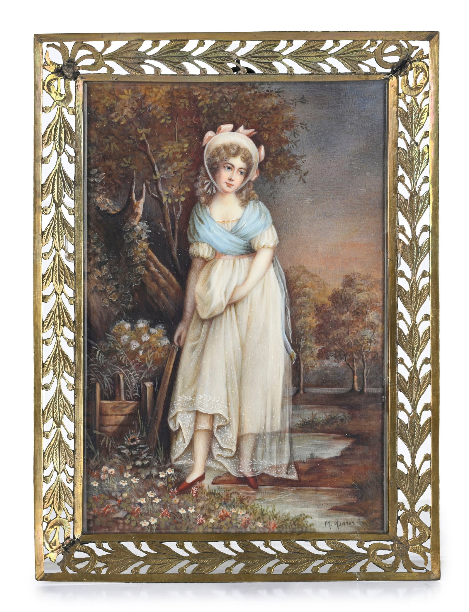 Jeune femme au jardin, miniature sur ivoire, XIXe s., signée en bas à droite M. Maurer, 13: Jeune femme au jardin, miniature sur ivoire, XIXe s., signée en bas à droite M. Maurer, 13,5x9 cm Provenance : Famille Schlote, Göttingen, Basse-Saxe ; collection du Dr Karl Schlote,