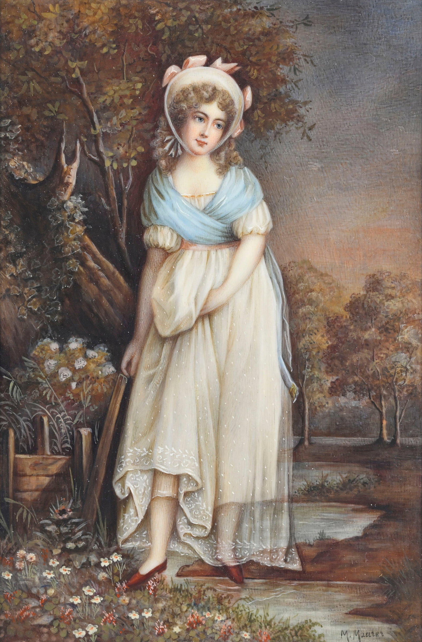 Jeune femme au jardin, miniature sur ivoire, XIXe s., signée en bas à droite M. Maurer, 13 - 2