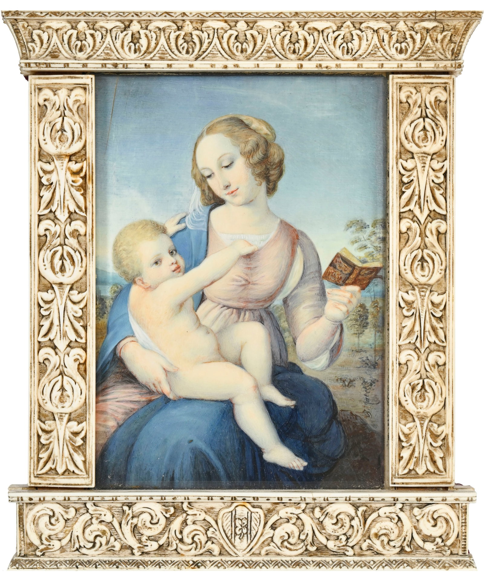 La Madone Colonna, d’après l’œuvre de Raphaël Sanzio, vers 1507-1508, min: La Madone Colonna, d’après l’œuvre de Raphaël Sanzio, vers 1507-1508, miniature peinte sur ivoire, dans un cadre architecturé en ivoire finement sculpté à d&#