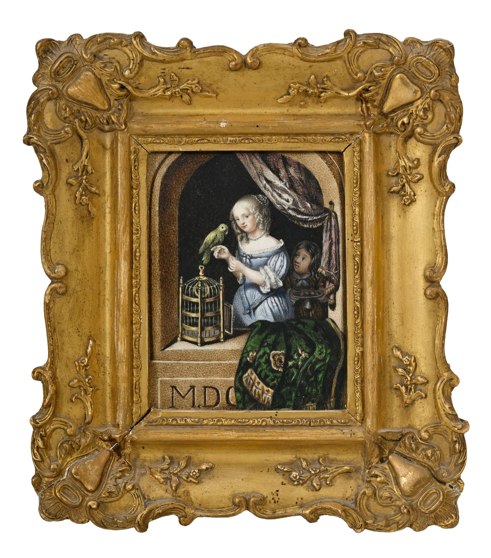 Jeune fille à la fenêtre nourrissant un perroquet, d’après Caspar Netscher, 166: Jeune fille à la fenêtre nourrissant un perroquet, d’après Caspar Netscher, 1666, miniature peinte sur ivoire par Simon Jacques Rochard, XIXe siècle, représentant une