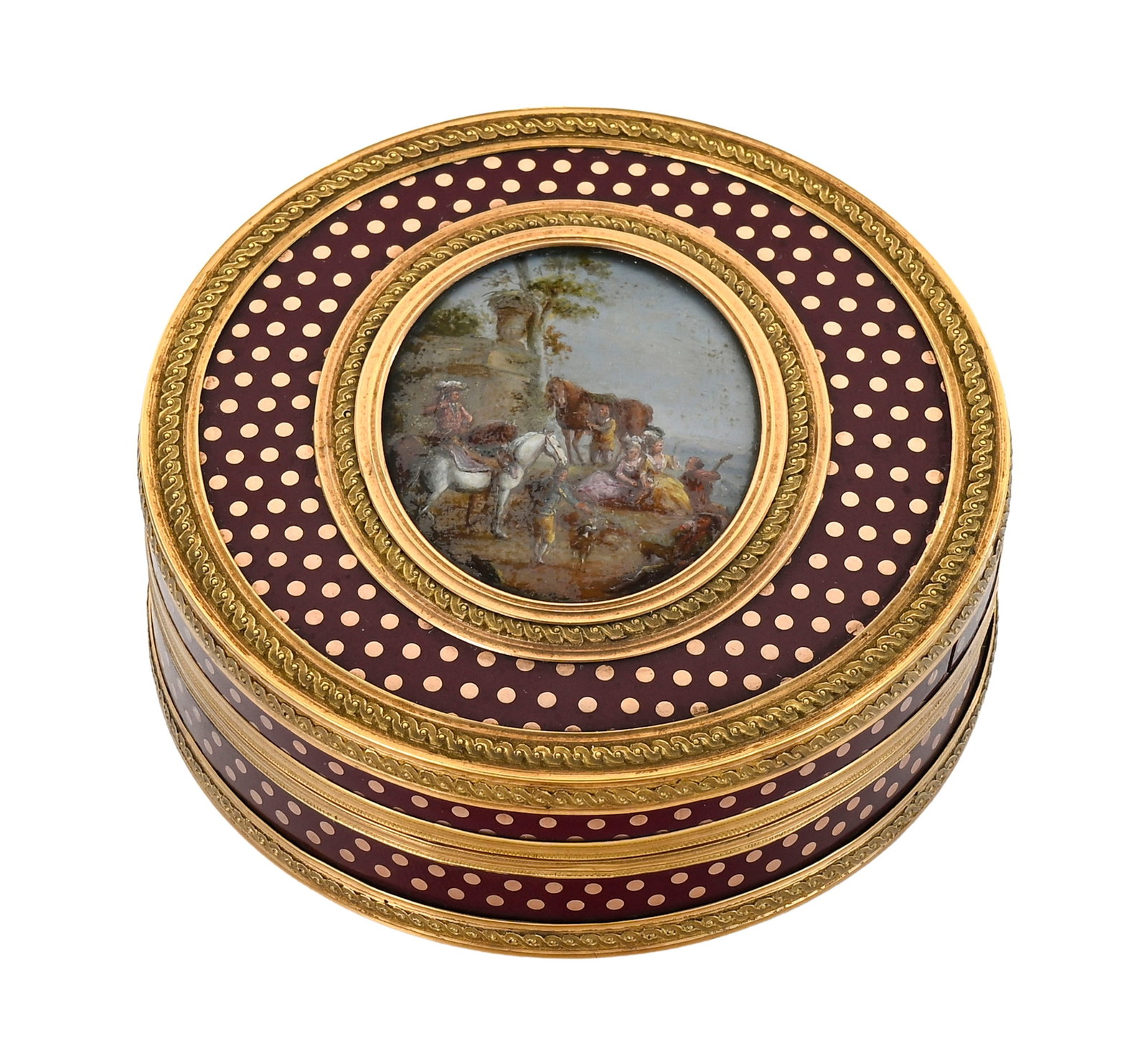 Boîte ronde en composition bordeaux piqué or à pastilles, France XVIIIe s., le couver: Boîte ronde en composition bordeaux piqué or à pastilles, France XVIIIe s., le couvercle centré d'une miniature au bord de la mer avec chevaux et femmes, diam. 8 cm
