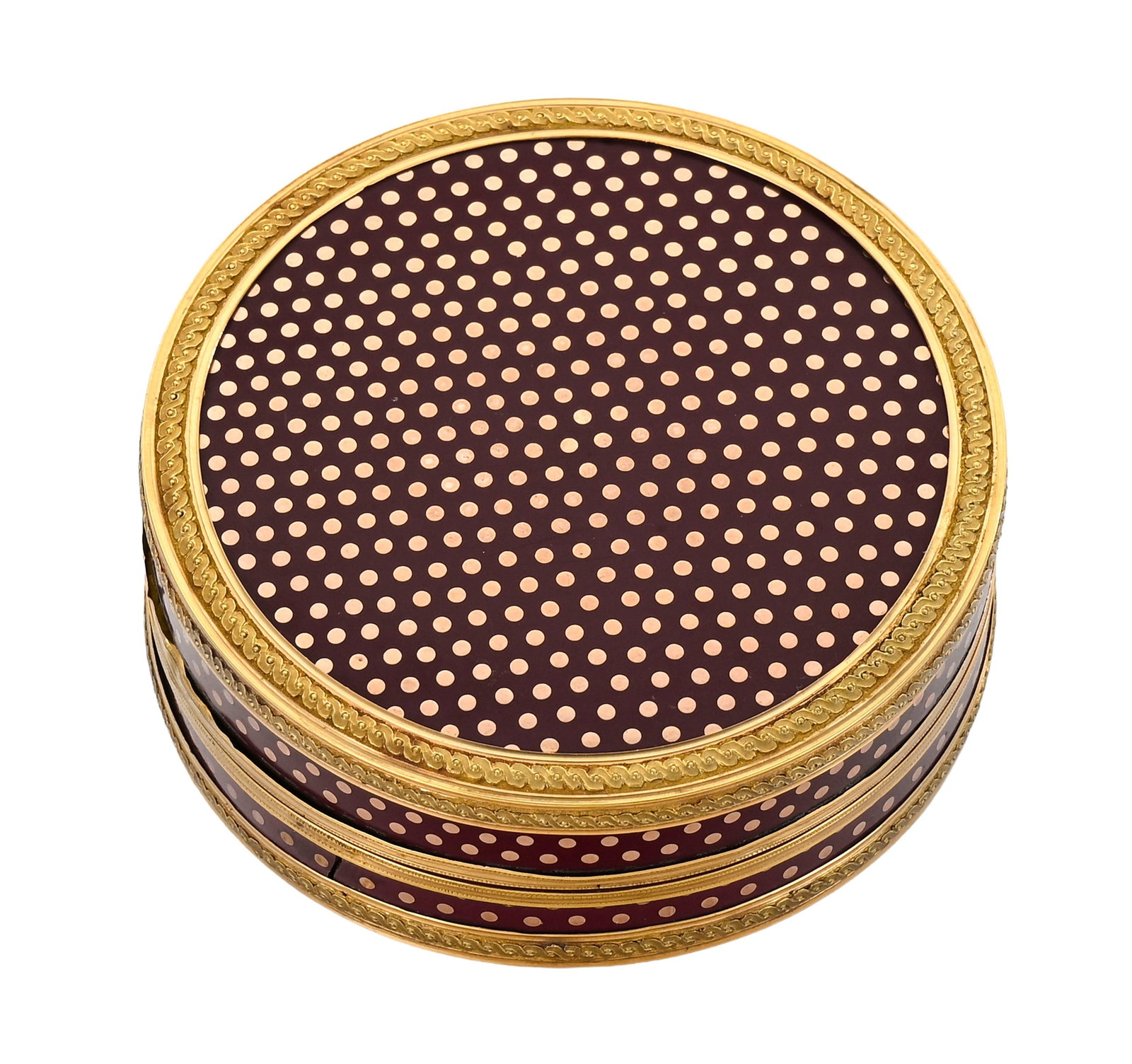 Boîte ronde en composition bordeaux piqué or à pastilles, France XVIIIe s., le couver - 5