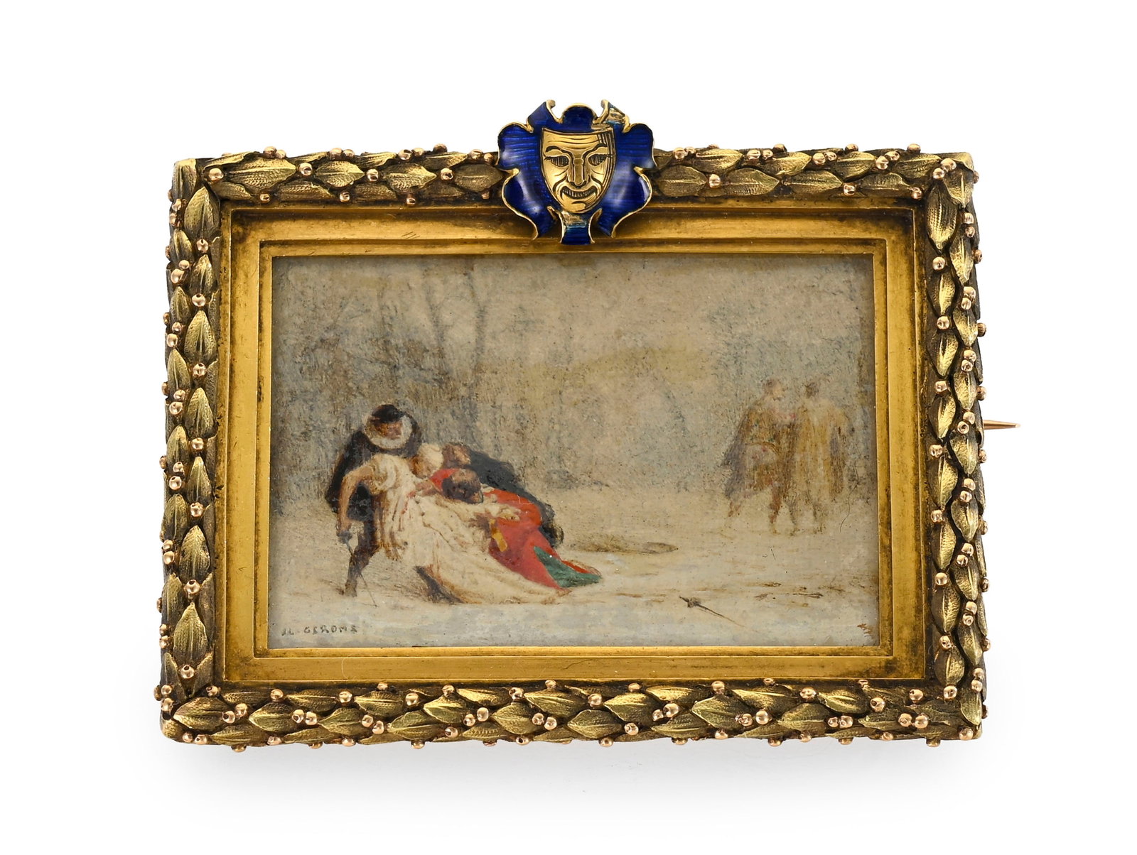 Broche à miniature en or et nacre, début XIXe s., peint sur nacre et signé L G Gerome: Broche à miniature en or et nacre, début XIXe s., peint sur nacre et signé L G Gerome, la broche en or en forme de guirlande de feuilles d'eau et monté d'un masque