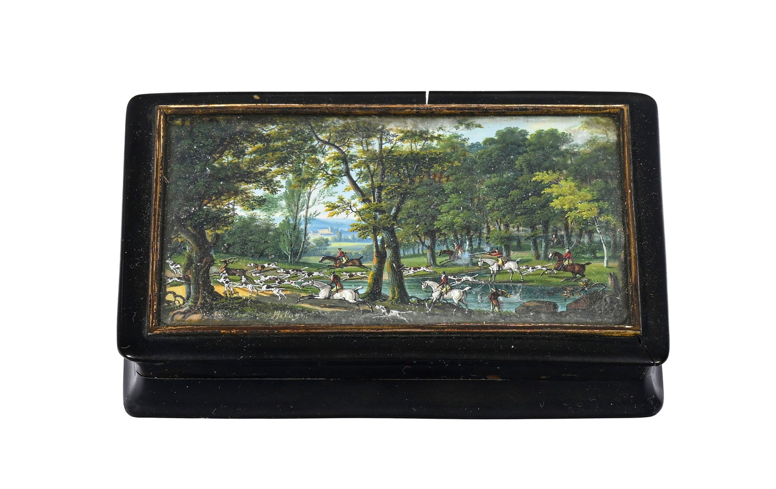 Tabatière en écaille avec miniature de Chasse au Cerf par Delaye, 5,7x9,5 cm Provenance :: Tabatière en écaille avec miniature de Chasse au Cerf par Delaye, 5,7x9,5 cm Provenance : Famille Schlote, Göttingen, Basse-Saxe ; collection du Dr Karl Schlote, Eschwege, Hesse du