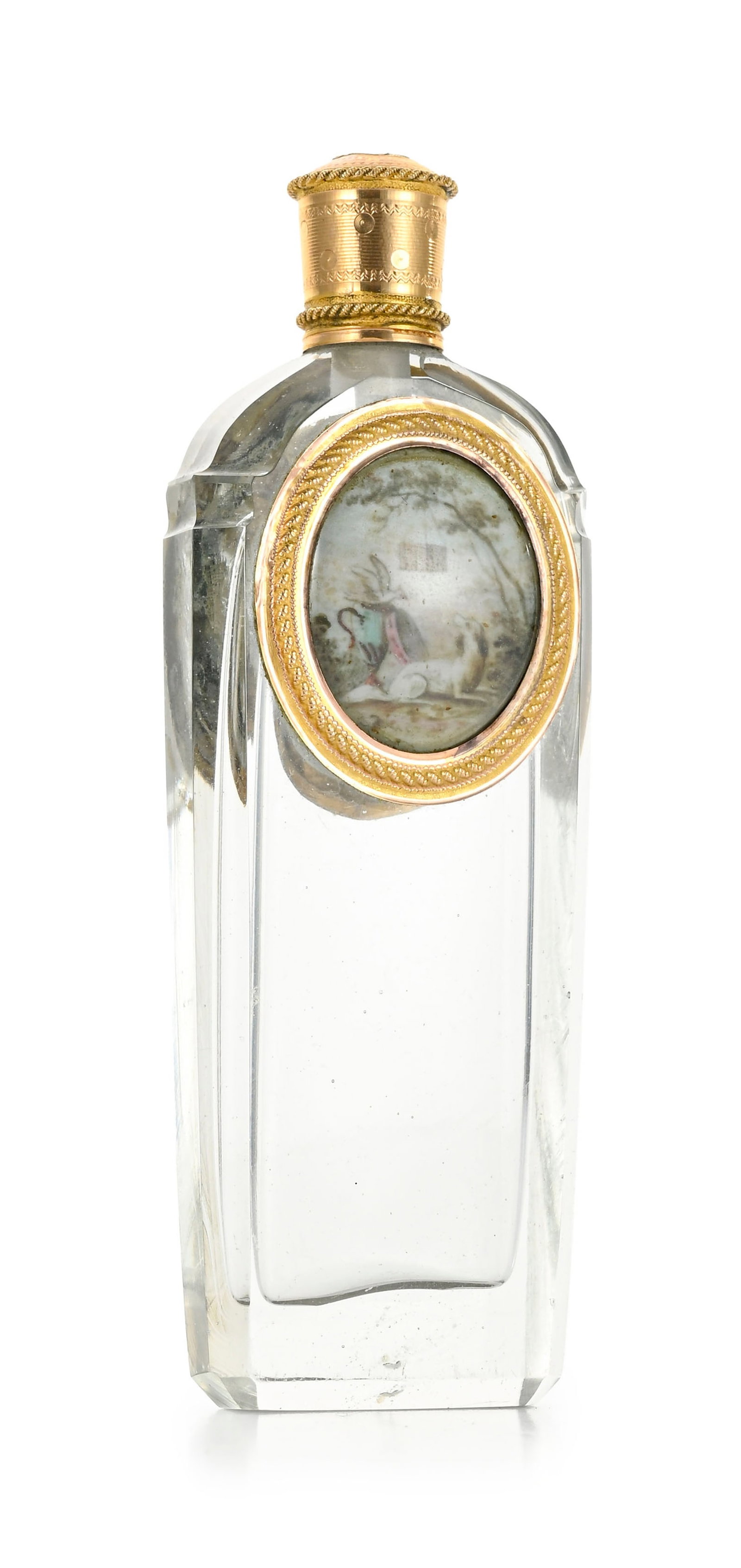 Flacon à miniatures en verre et or, XIXe s., le flacon inséré de chaque côté: Flacon à miniatures en verre et or, XIXe s., le flacon inséré de chaque côté d'une miniature ovale avec encadrement en or, capsule en or au décor ciselé, h. 10 cm