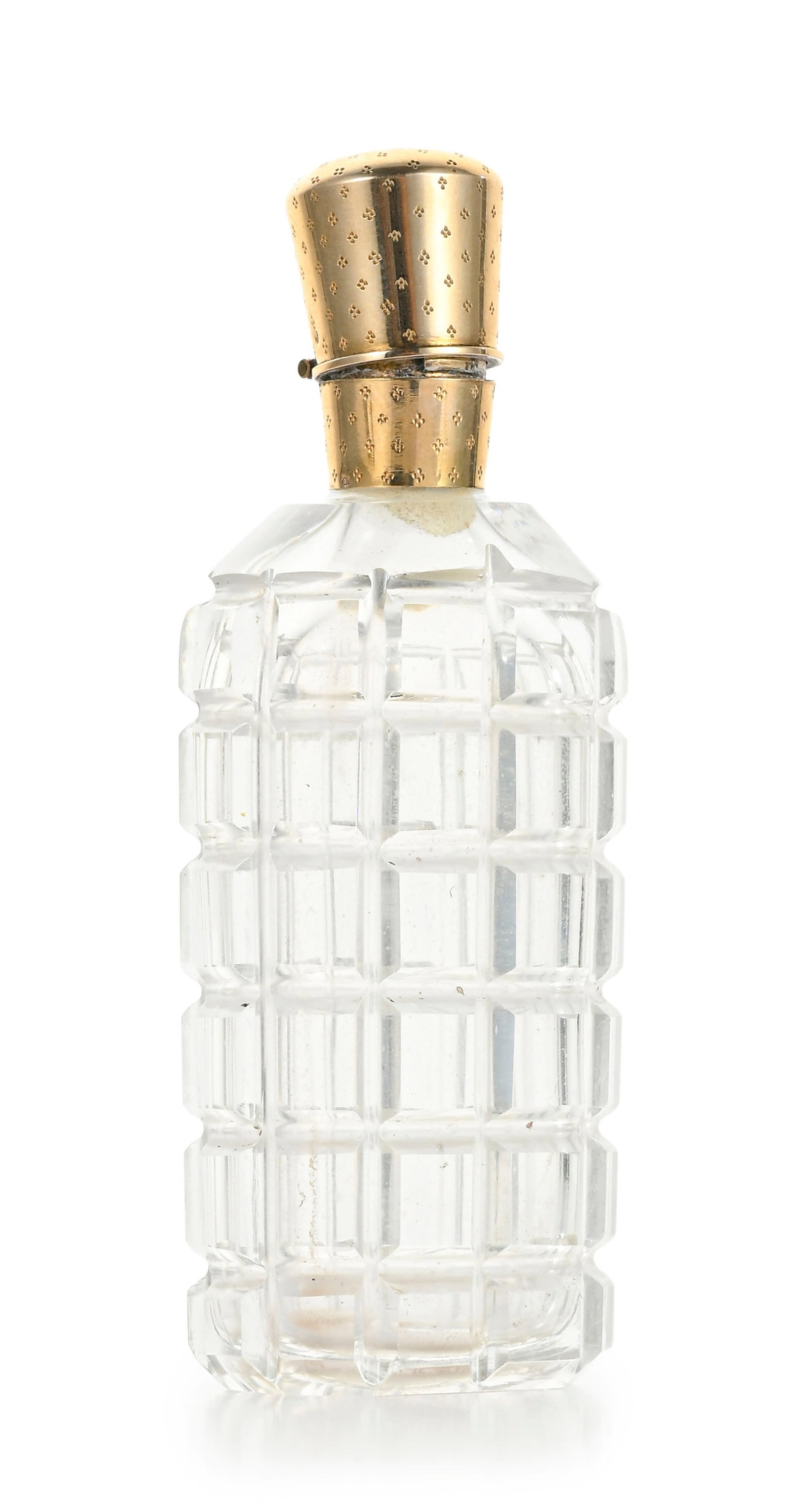 Flacon en verre taillé avec monture en or 585, Pays Bas, deuxième moitié du XIXe s., : Flacon en verre taillé avec monture en or 585, Pays Bas, deuxième moitié du XIXe s., au décor à carreaux, le capsule et couvercle sont ciselés de pastilles