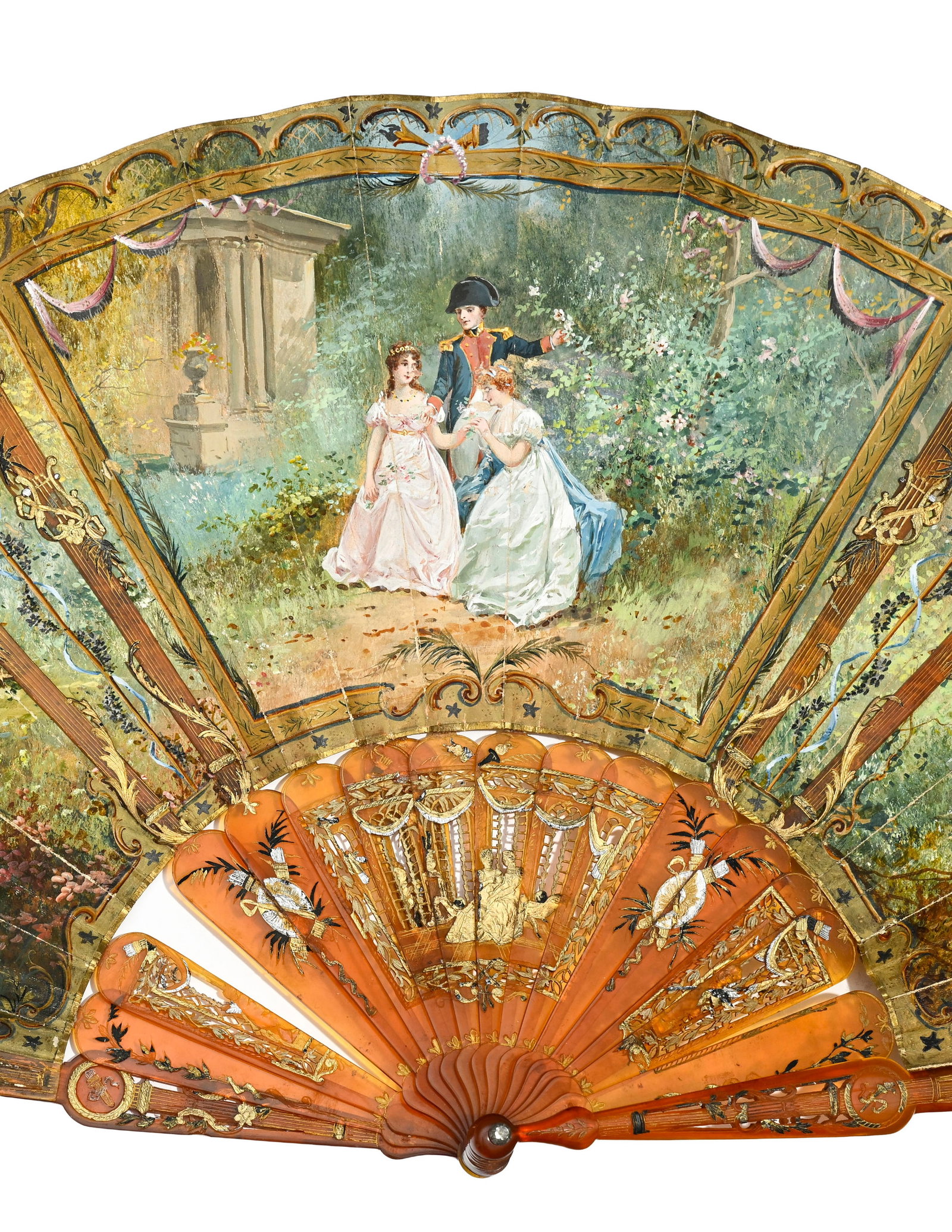 3 éventails: 1 en papier peint avec monture en écaille, 1 en tissu brodé de sequins e - 7