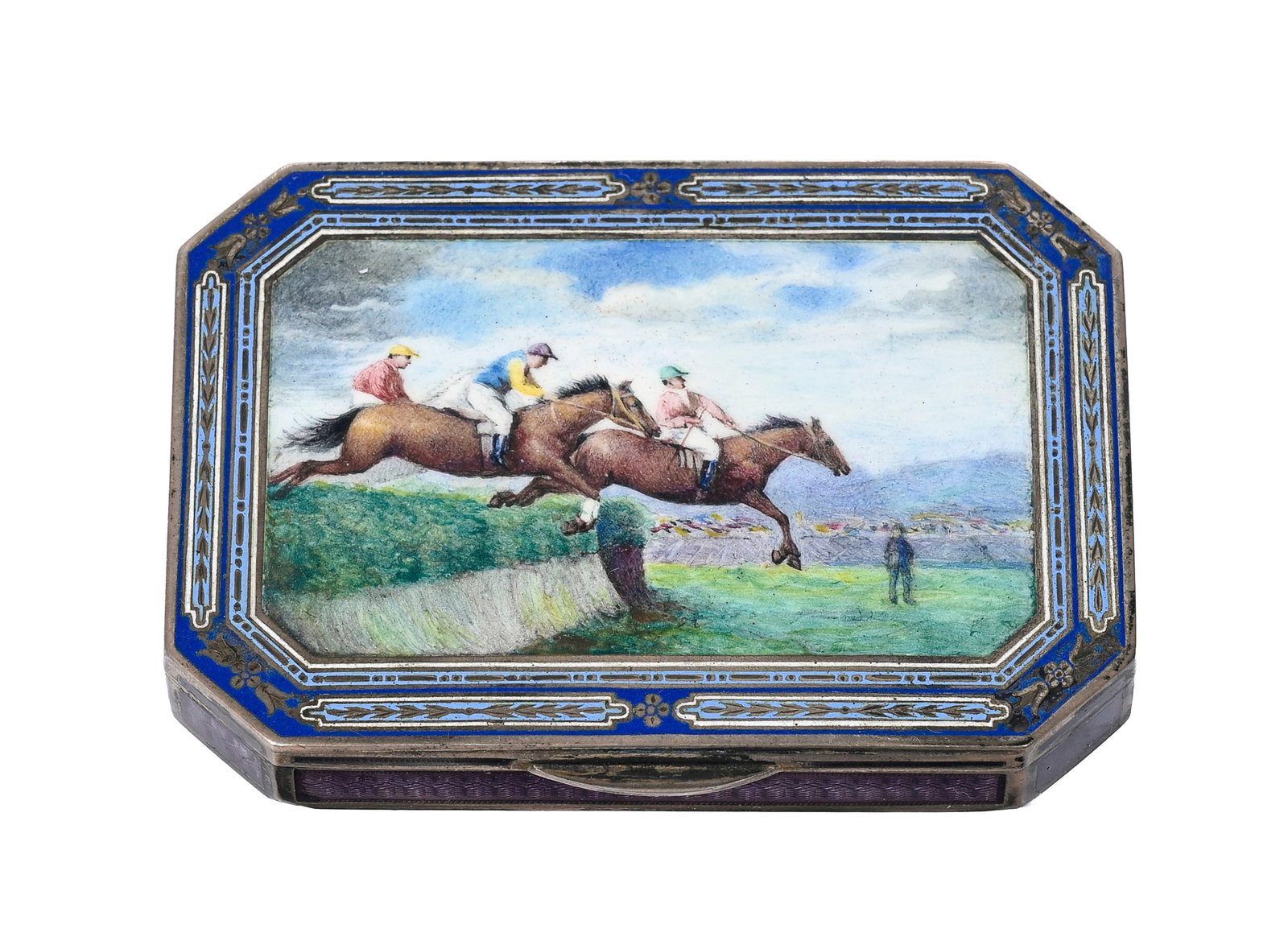 Tabatière en argent avec scène de steeplechase en plein émail, 5,8x8 cm Provenance :: Tabatière en argent avec scène de steeplechase en plein émail, 5,8x8 cm Provenance : Famille Schlote, Göttingen, Basse-Saxe ; collection du Dr Karl Schlote, Eschwege, Hesse du Nord