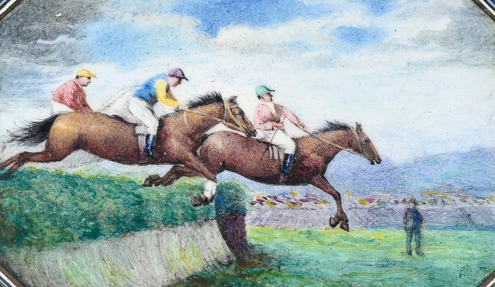 Tabatière en argent avec scène de steeplechase en plein émail, 5,8x8 cm Provenance : - 2