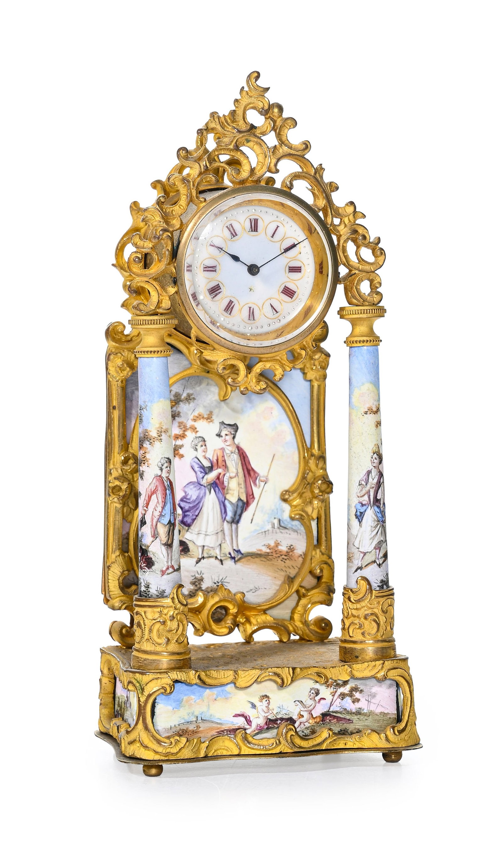 Petite pendulette en émail de Vienne, Autriche fin XIXe s., h. 14 cm Provenance : Famille Schl: Petite pendulette en émail de Vienne, Autriche fin XIXe s., h. 14 cm Provenance : Famille Schlote, Göttingen, Basse-Saxe ; collection du Dr Karl Schlote, Eschwege, Hesse du Nord, constitu