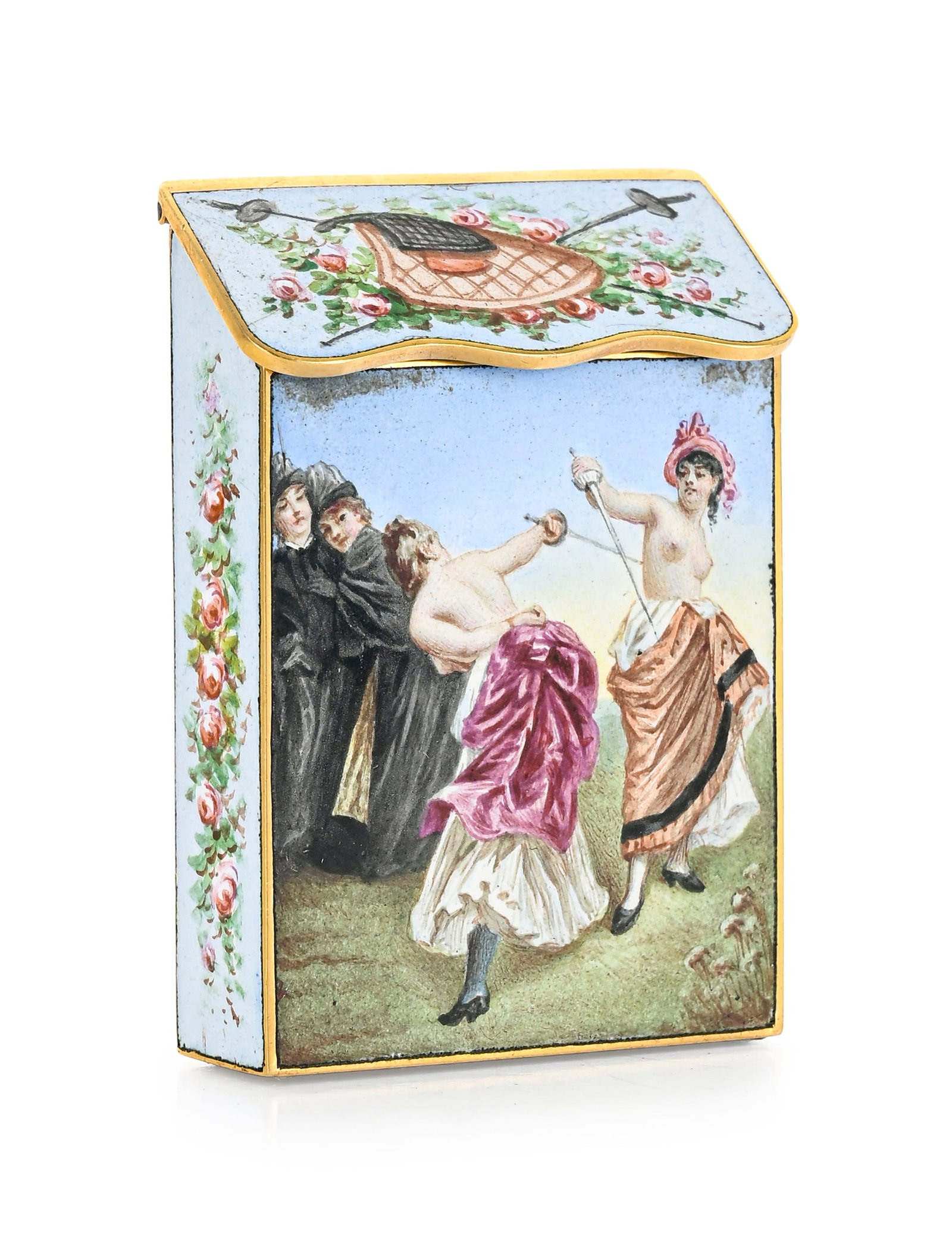 Boîte à allumettes vesta case en or et émail, XIXe s., au décor en émail pl: Boîte à allumettes vesta case en or et émail, XIXe s., au décor en émail plein 'Qui veut des Pommes' de femmes à torse nue, 5,2x3,3 cm, poids brut 24g
